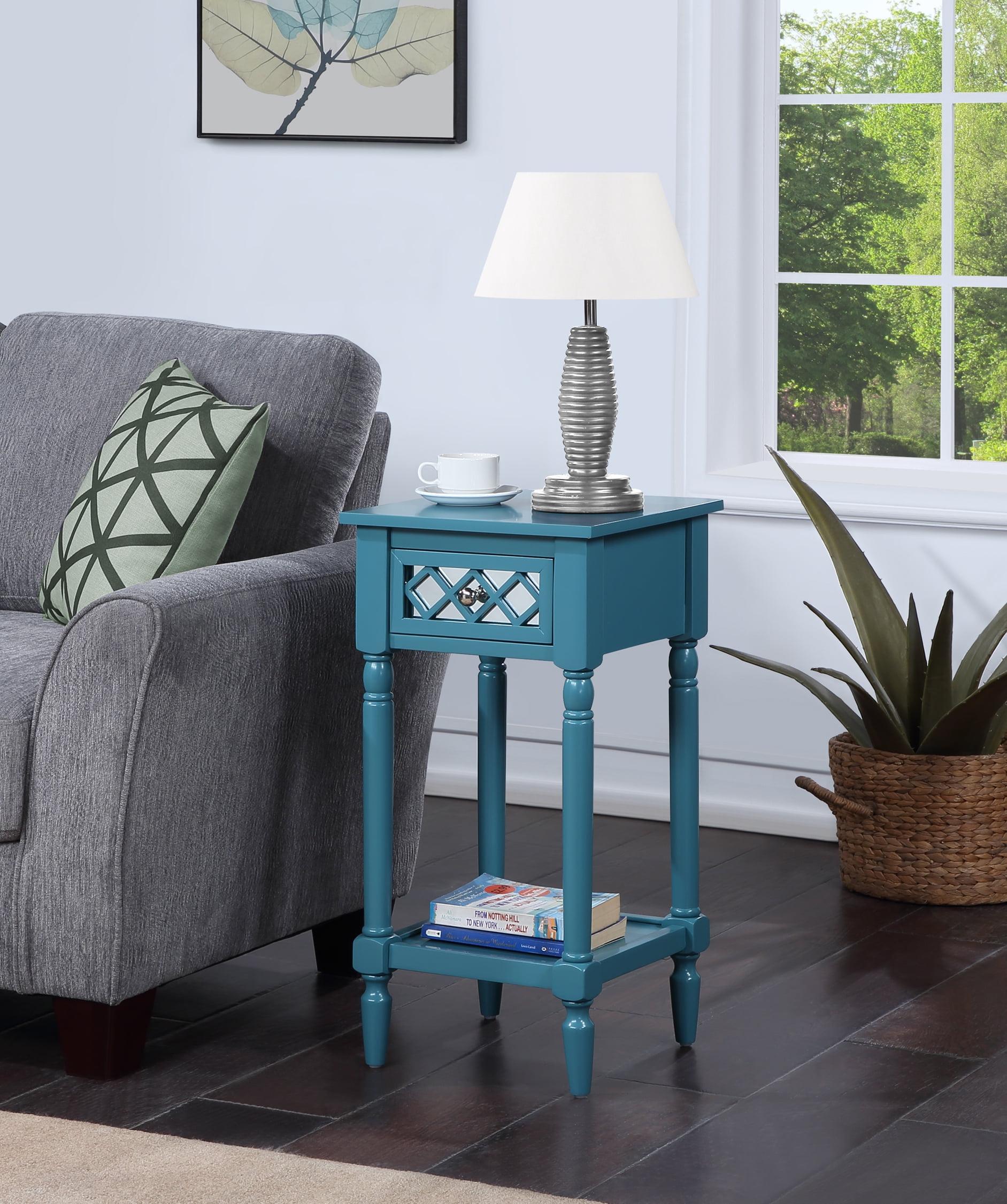 Blue Pine Wood Accent Table with Mirrored Drawer