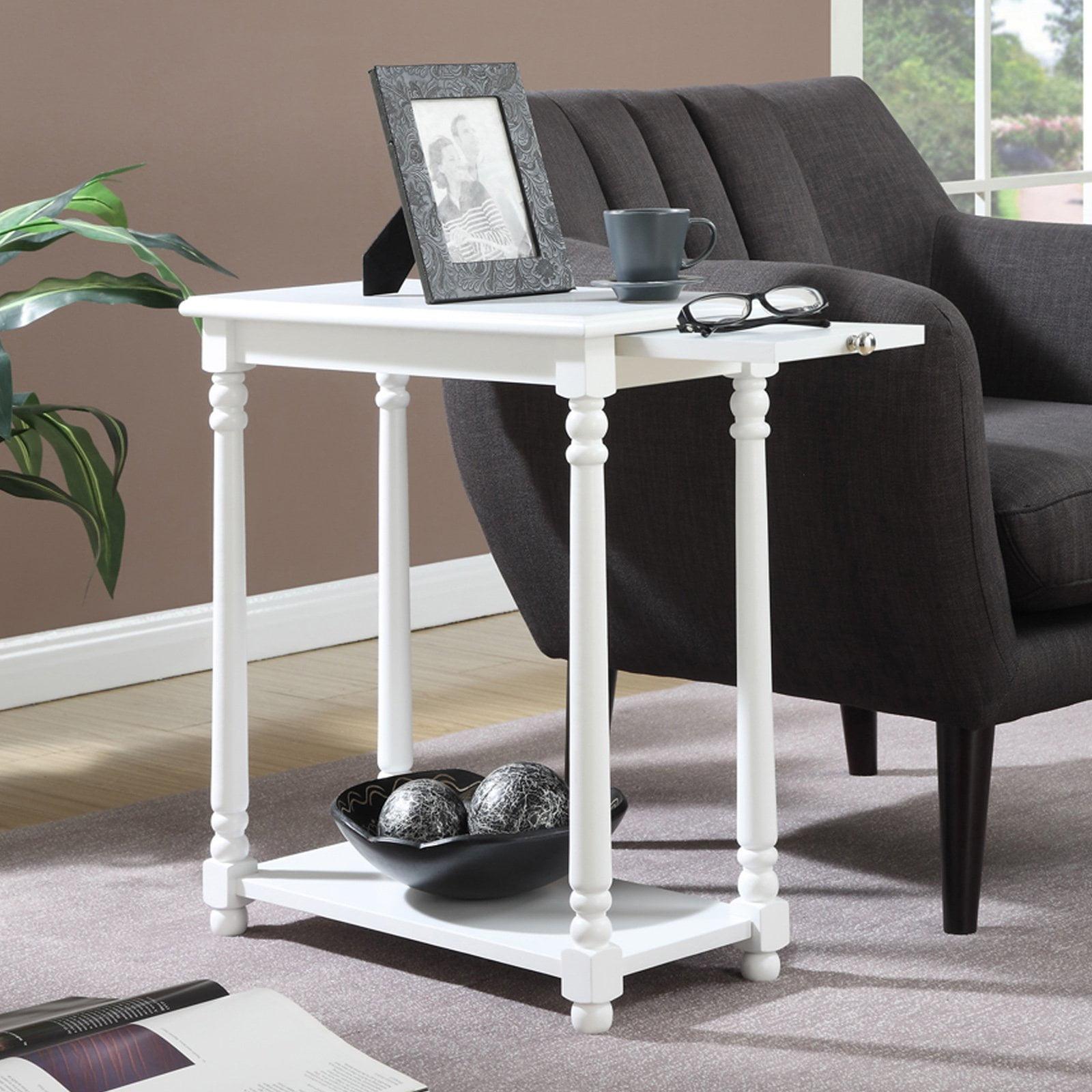 White Wood French Country End Table with Pull Out Tray