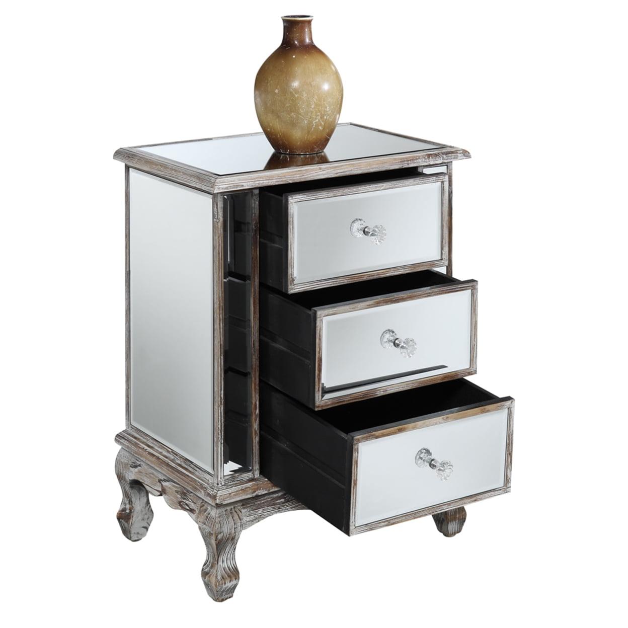 Elegant Weathered White Mirrored End Table with 3 Drawers