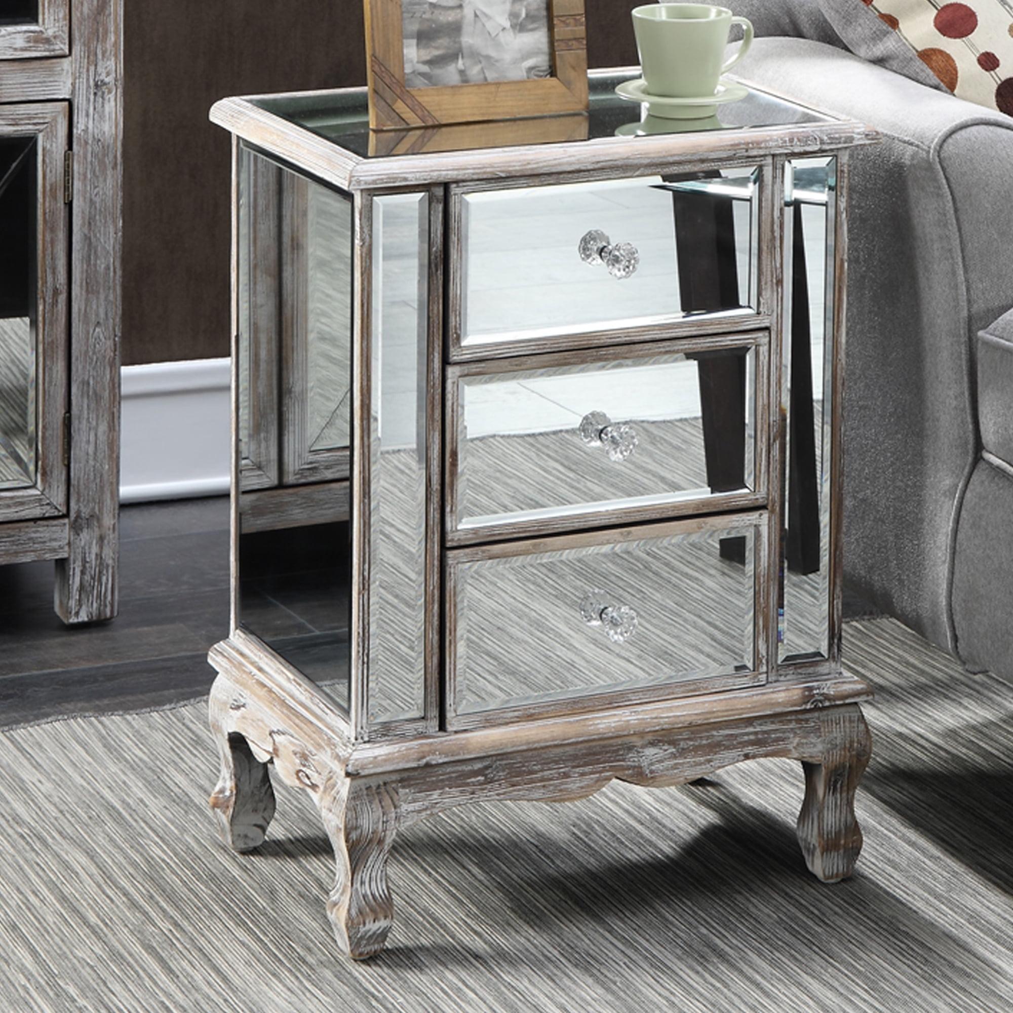 Elegant Weathered White Mirrored End Table with 3 Drawers