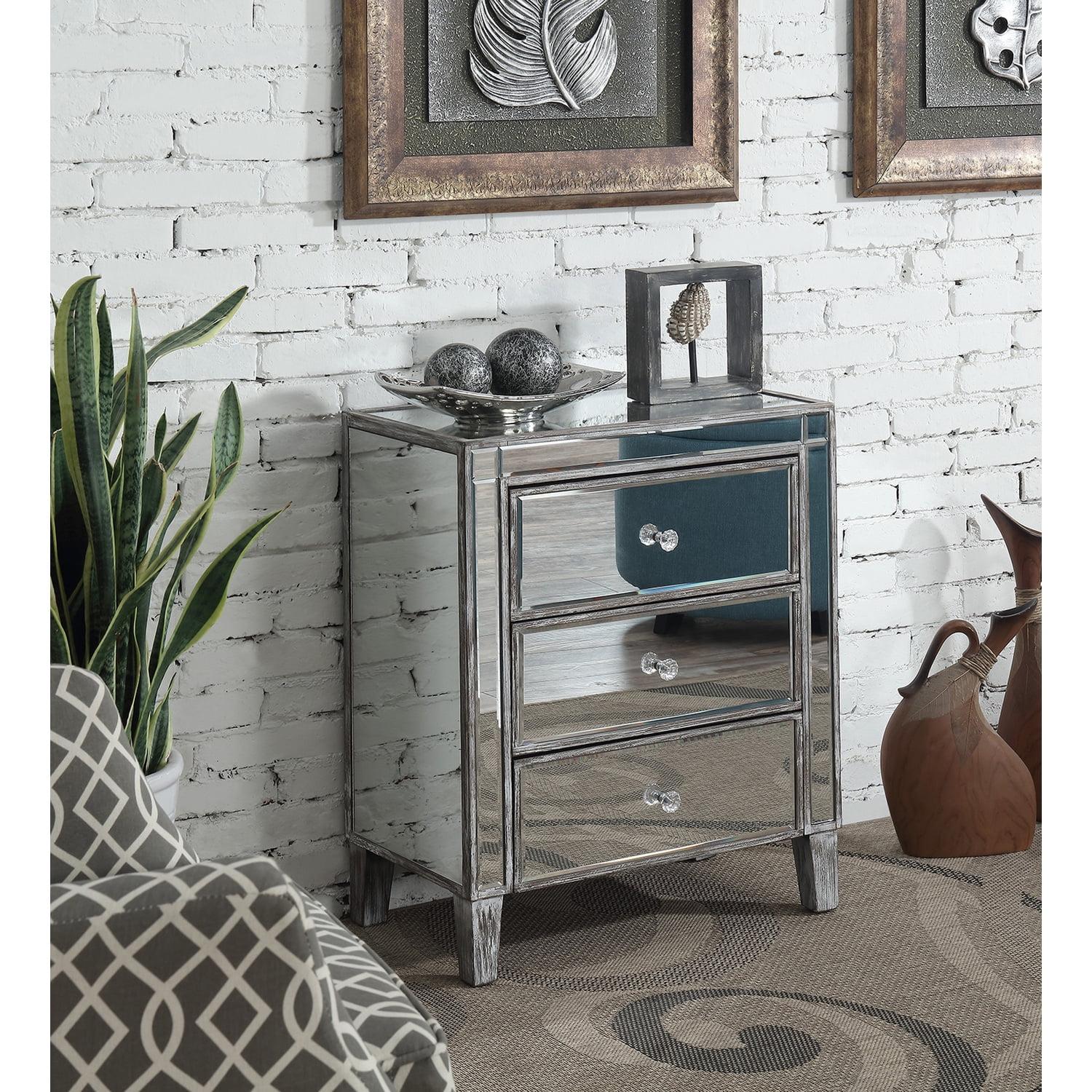 Weathered Gray Mirrored 3-Drawer Wood End Table