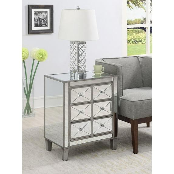 Convenience Concepts Gold Coast BettyB Mirrored 3 Drawer End Table, Antique Silver/Mirror