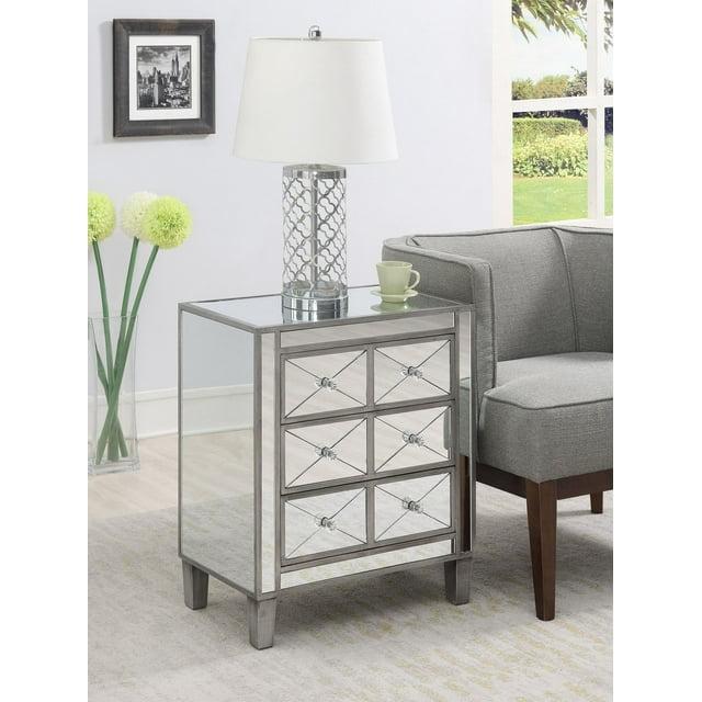 Convenience Concepts Gold Coast BettyB Mirrored 3 Drawer End Table, Antique Silver/Mirror