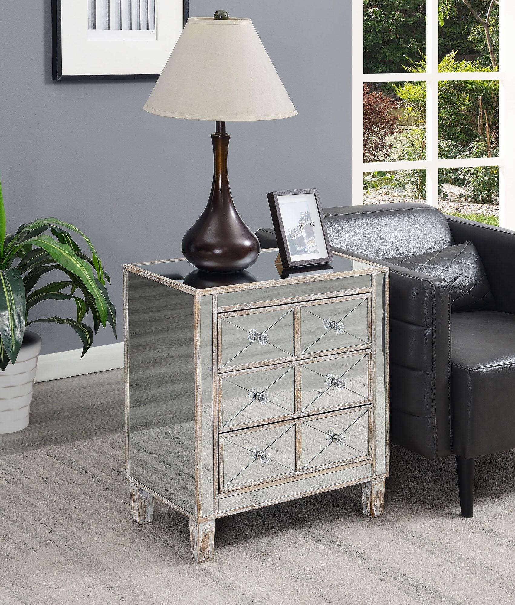 Weathered White Glam Mirrored 3-Drawer End Table