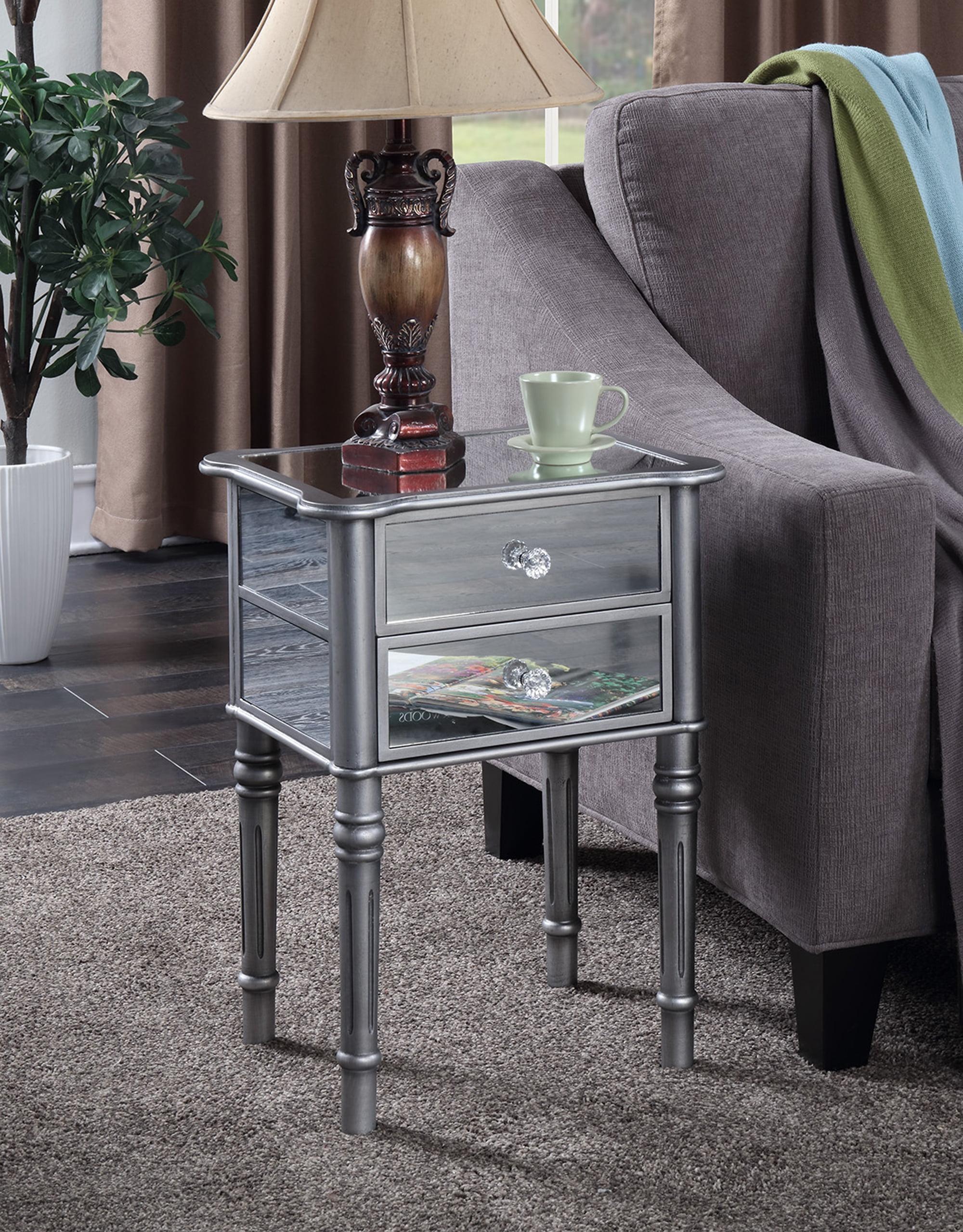 Convenience Concepts Gold Coast Mayfair 2 Drawer End Table, Antique Silver/Mirror (18" x 14" x 24")