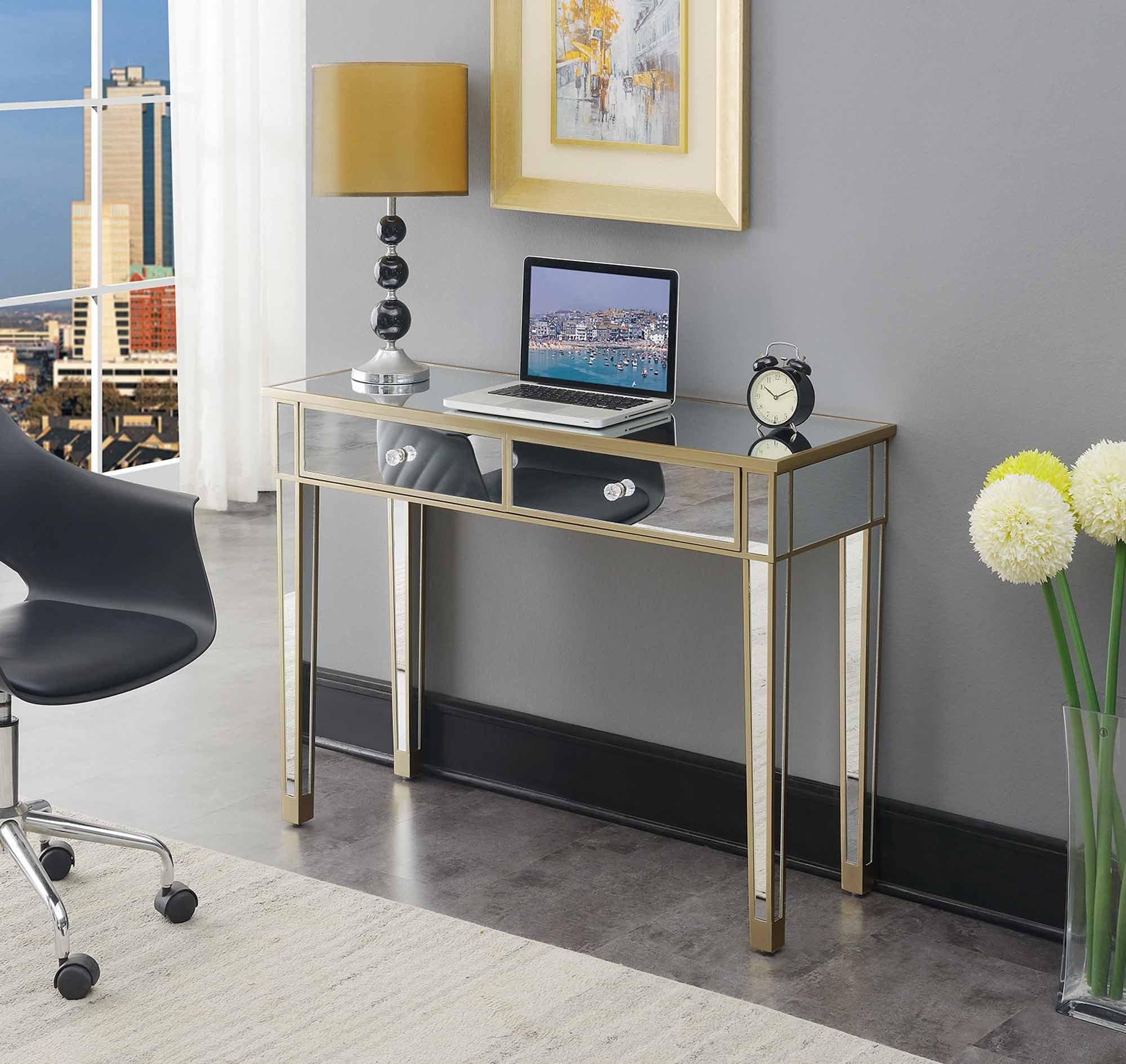 Chic Champagne Mirrored 2-Drawer Console Desk with Crystal Knobs