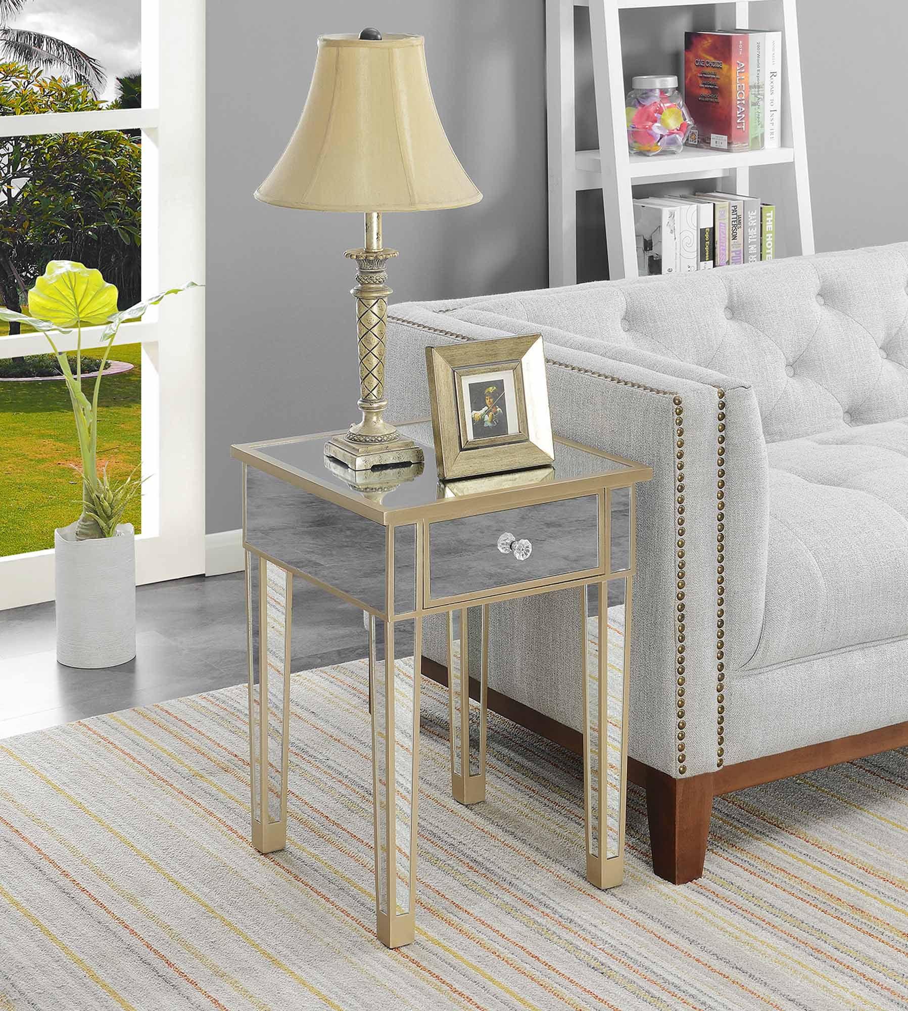 Champagne Mirrored Fir Wood End Table with Storage Drawer