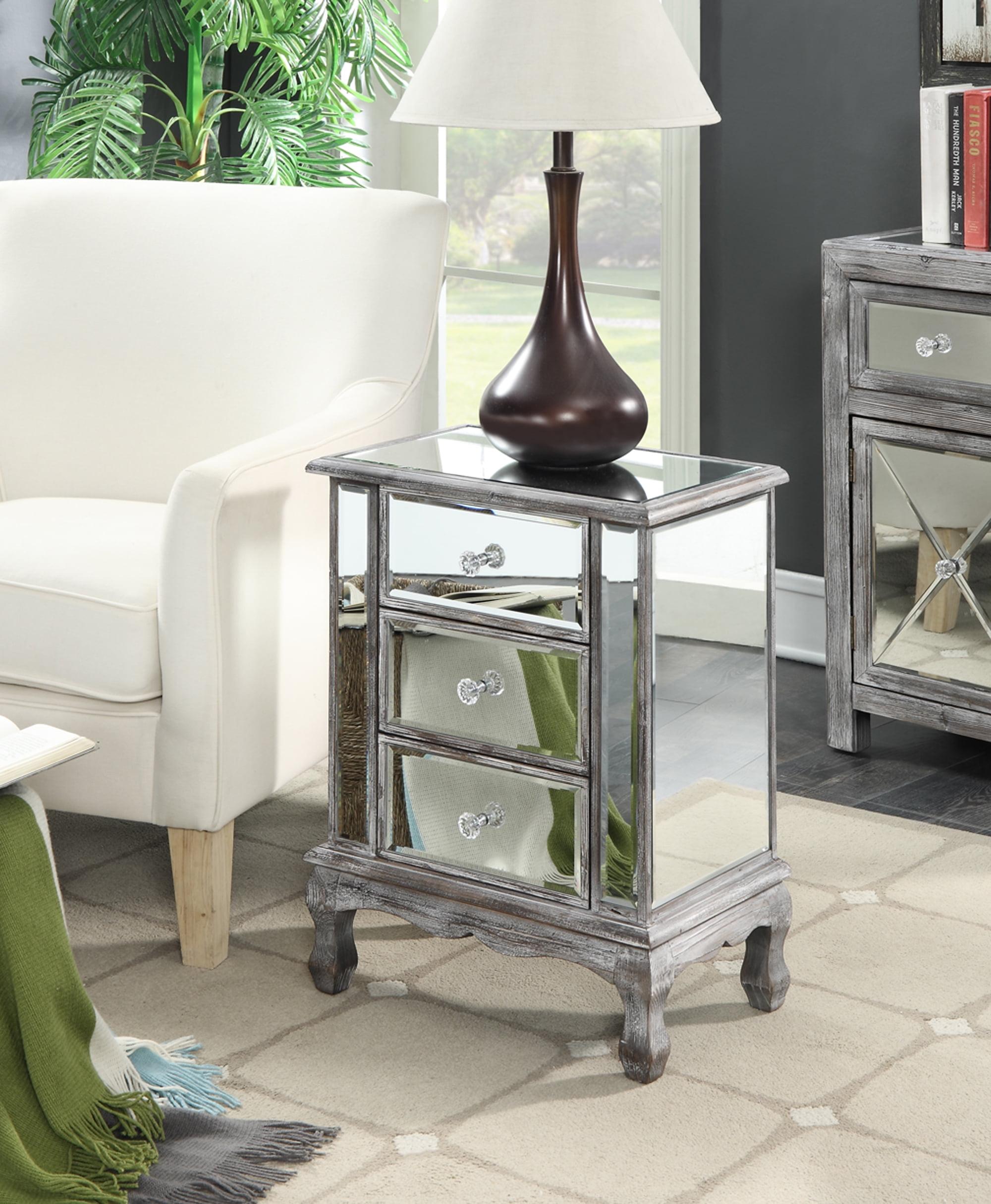 Weathered Gray Mirrored 3-Drawer End Table with Storage