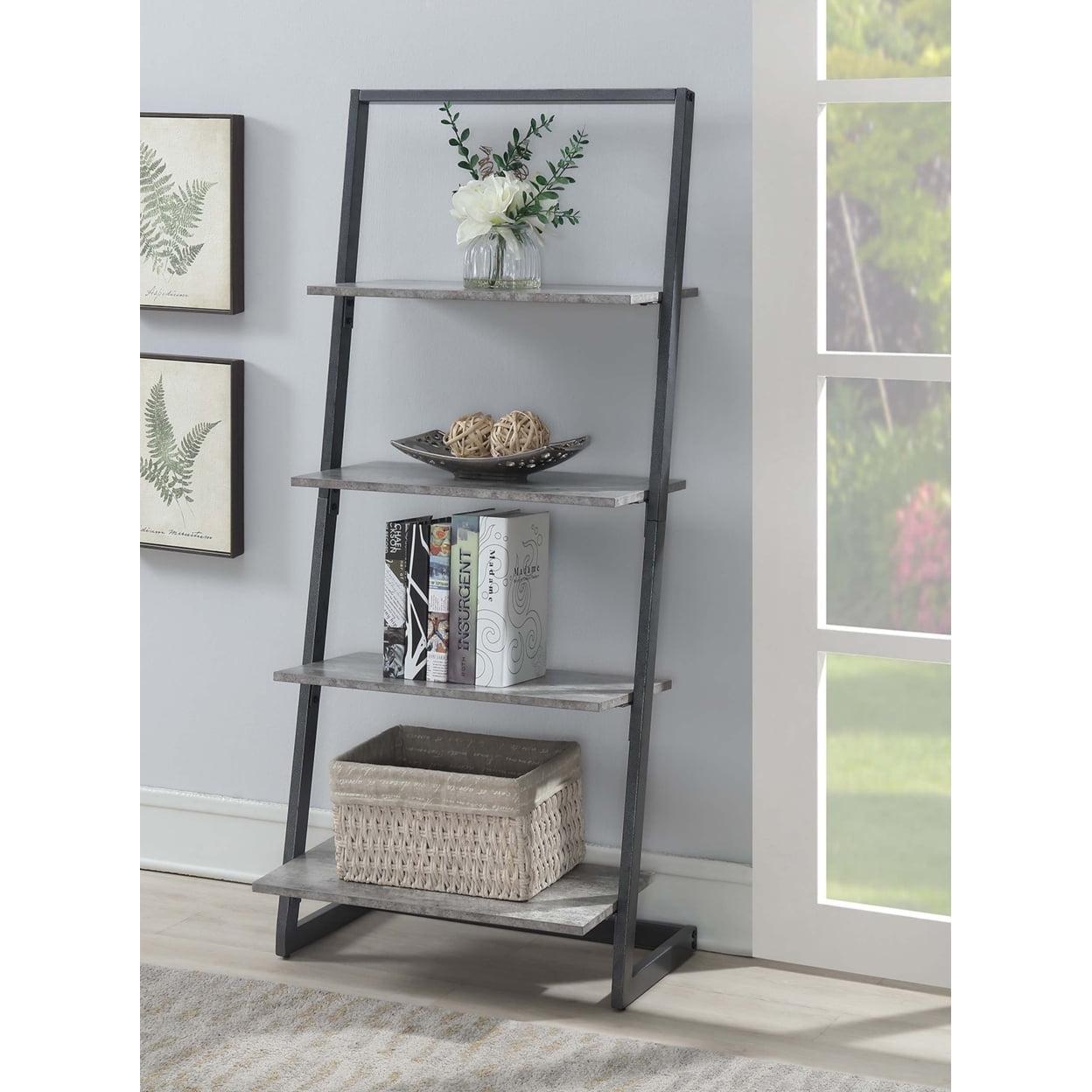 Urban Industrial Gray 4-Tier Ladder Bookcase with Metal Frame