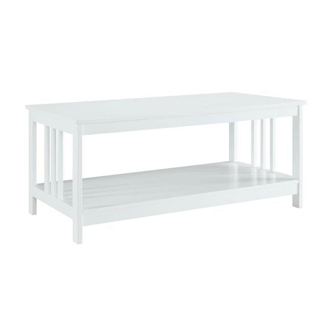 Elegant Mission White Rectangular Wood Coffee Table with Shelf