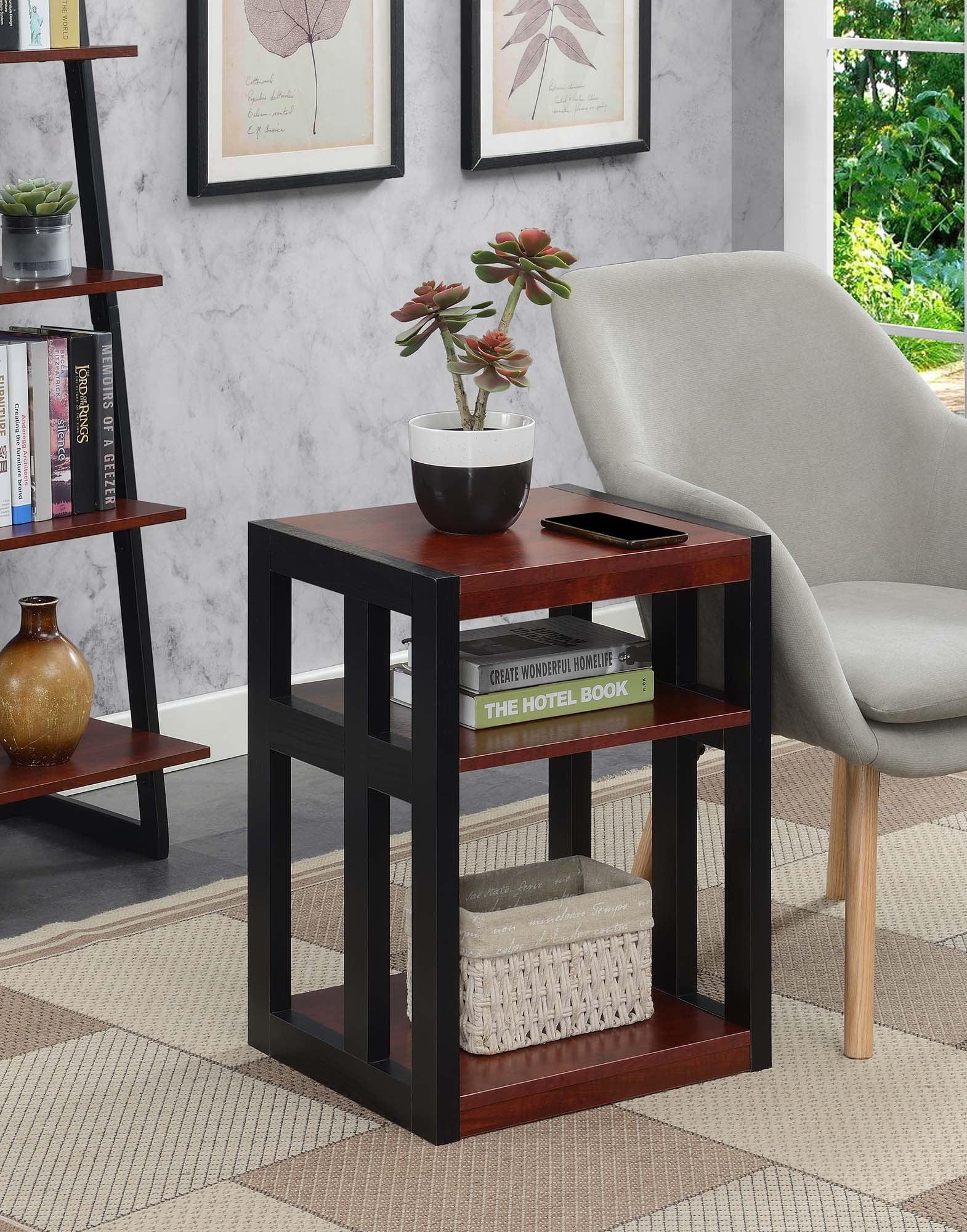 Cherry and Black Contemporary Rectangular End Table with 3 Shelves