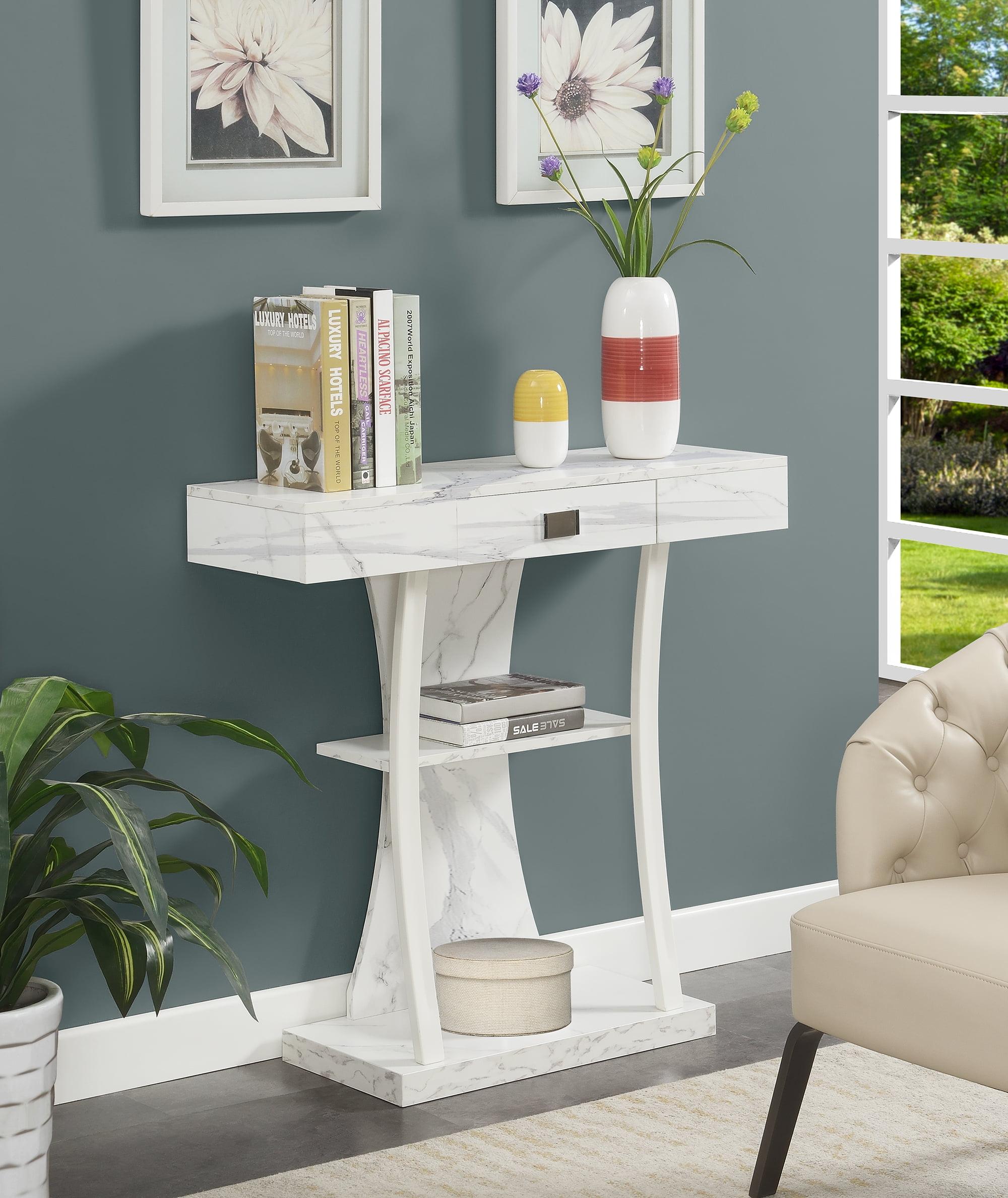 Convenience Concepts Newport 1 Drawer Harri Console Table with Shelves, White Faux Marble/White