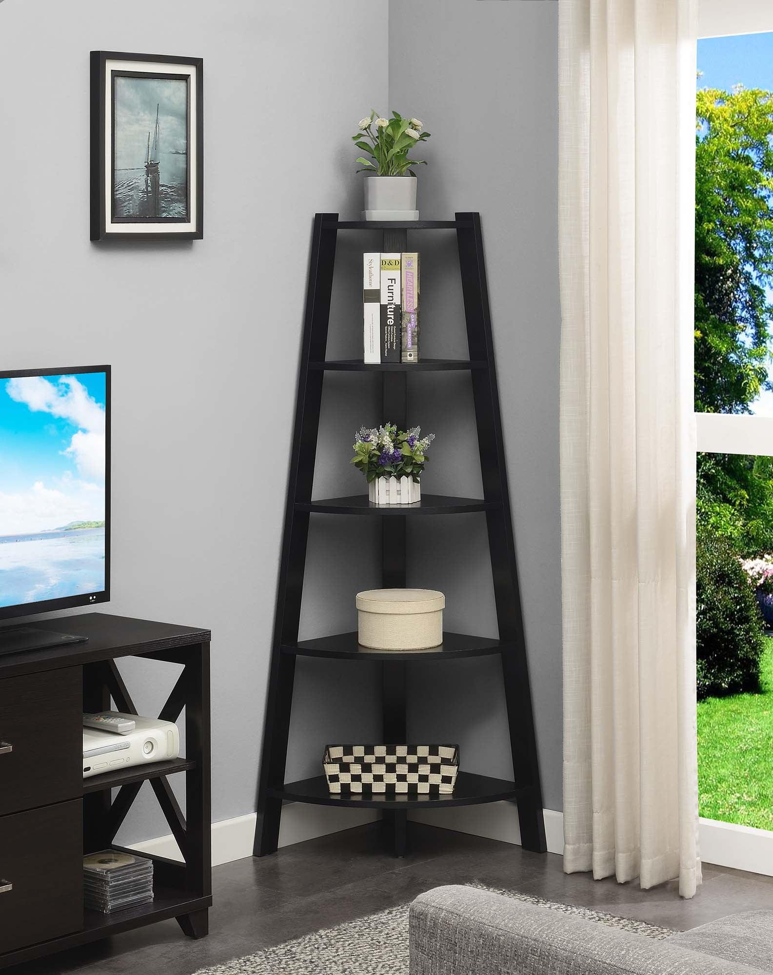 Black Wood 62" Corner Bookcase with Five Tiers