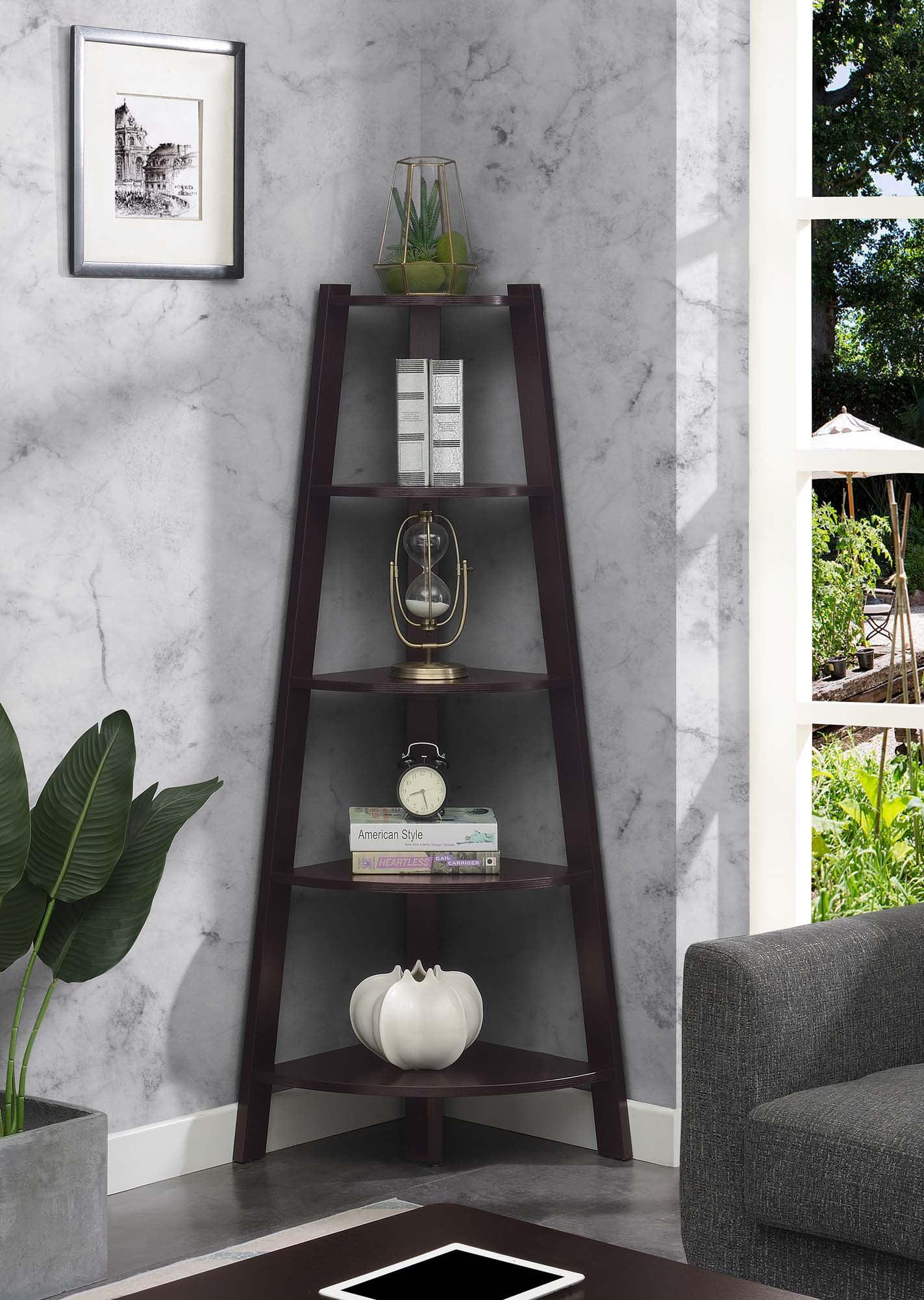 Espresso Wide Corner Wood Bookcase with 5 Tiers