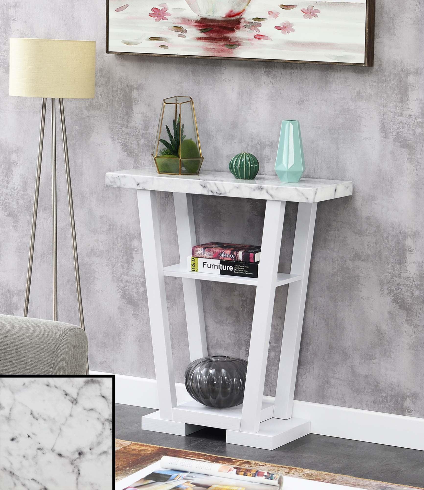 Faux White Marble and Wood Console Table with Storage