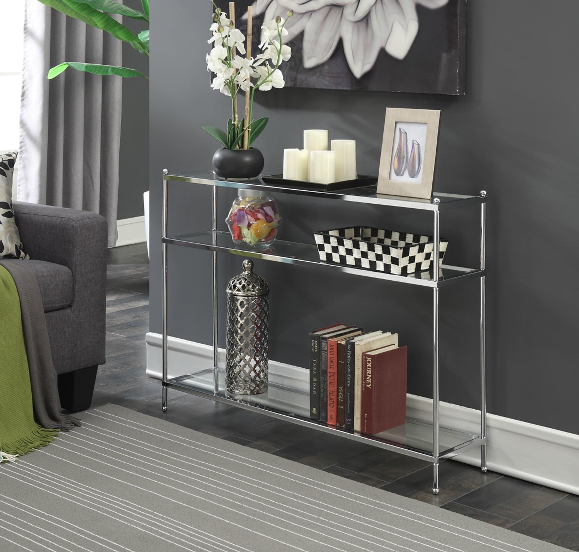 Modern Chrome and Glass Slim Console Table with 3 Tiers