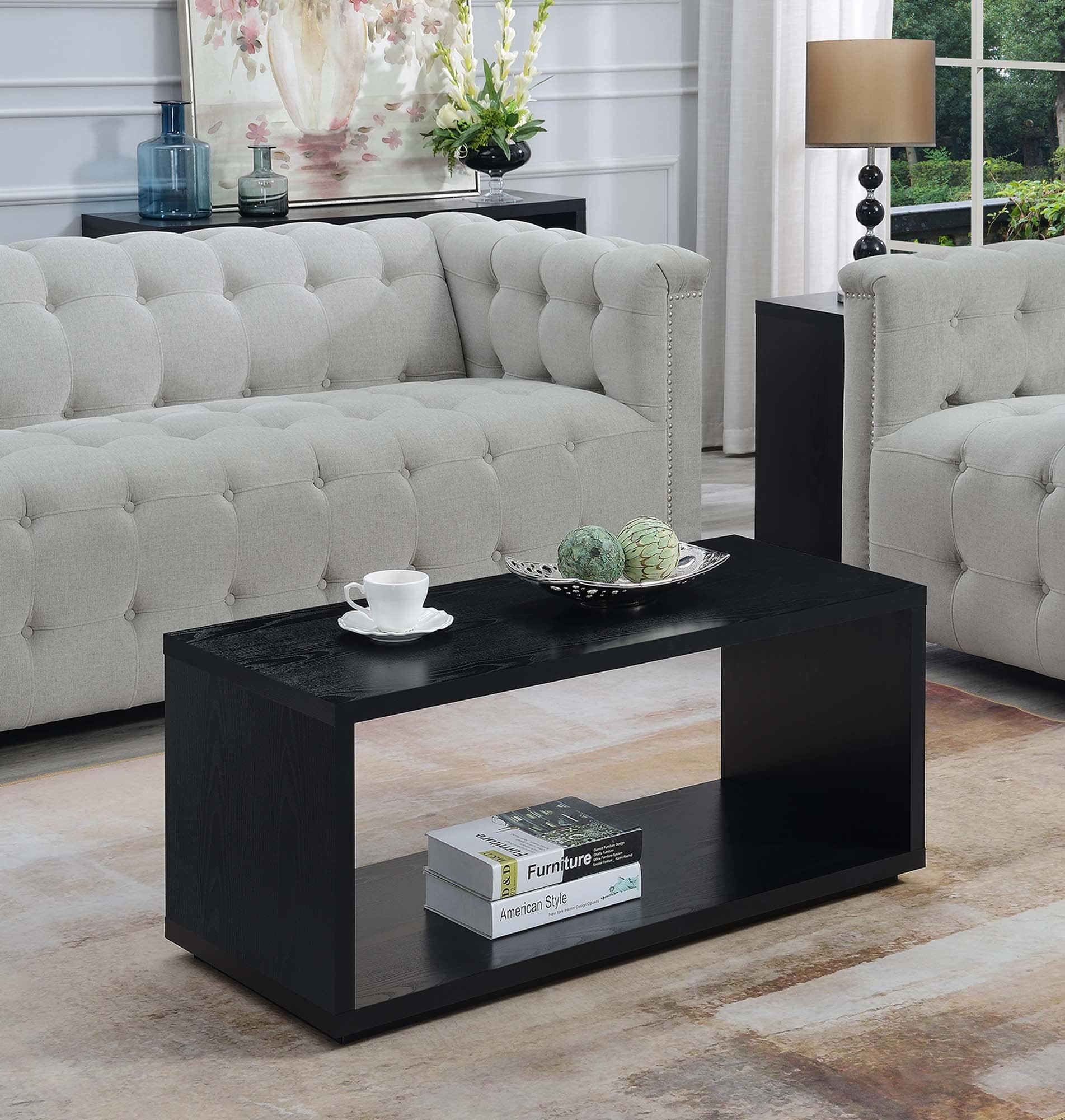 Black Rectangular Wood Coffee Table with Shelf