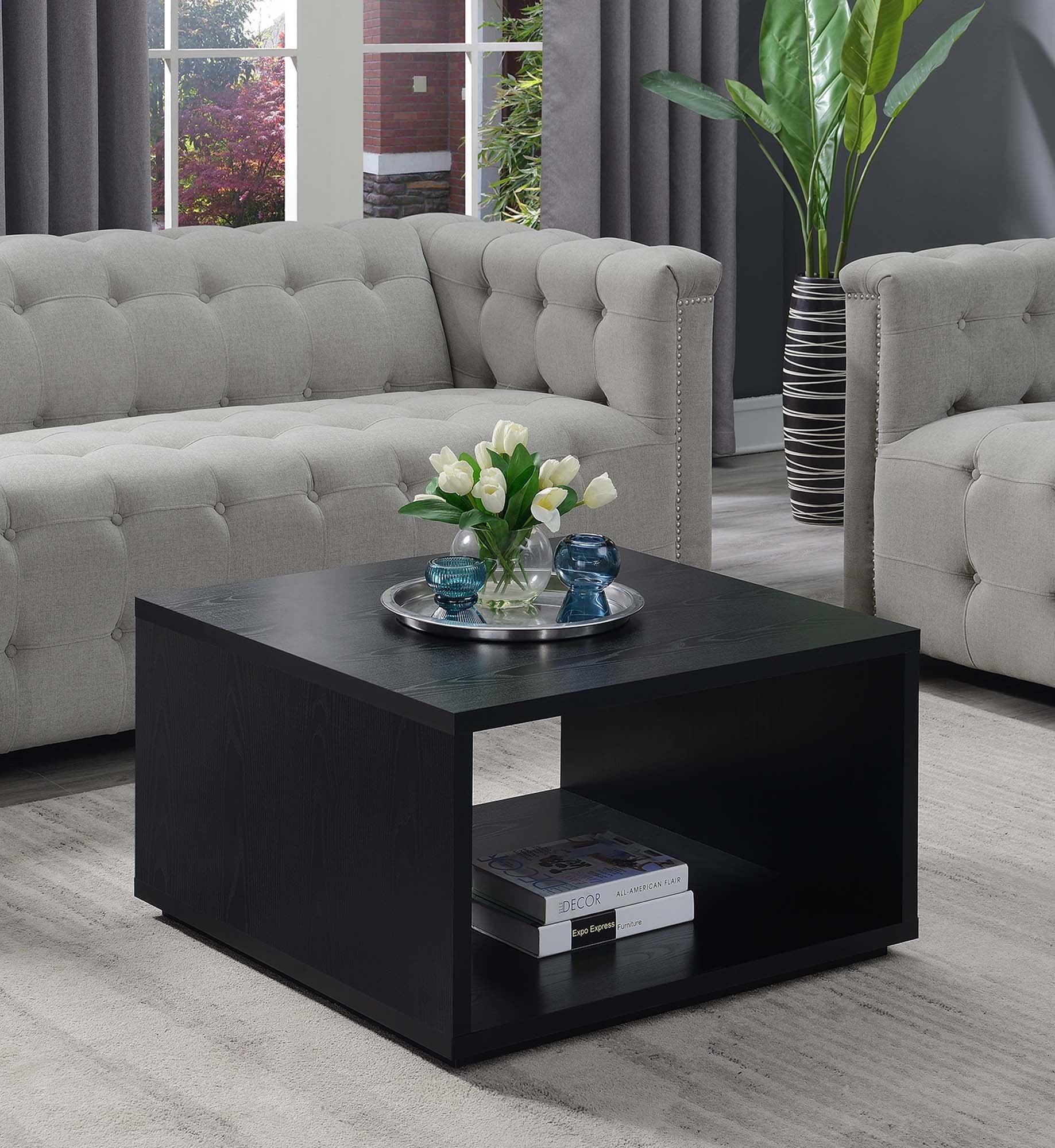 Modern Square Black Coffee Table with Storage Shelf