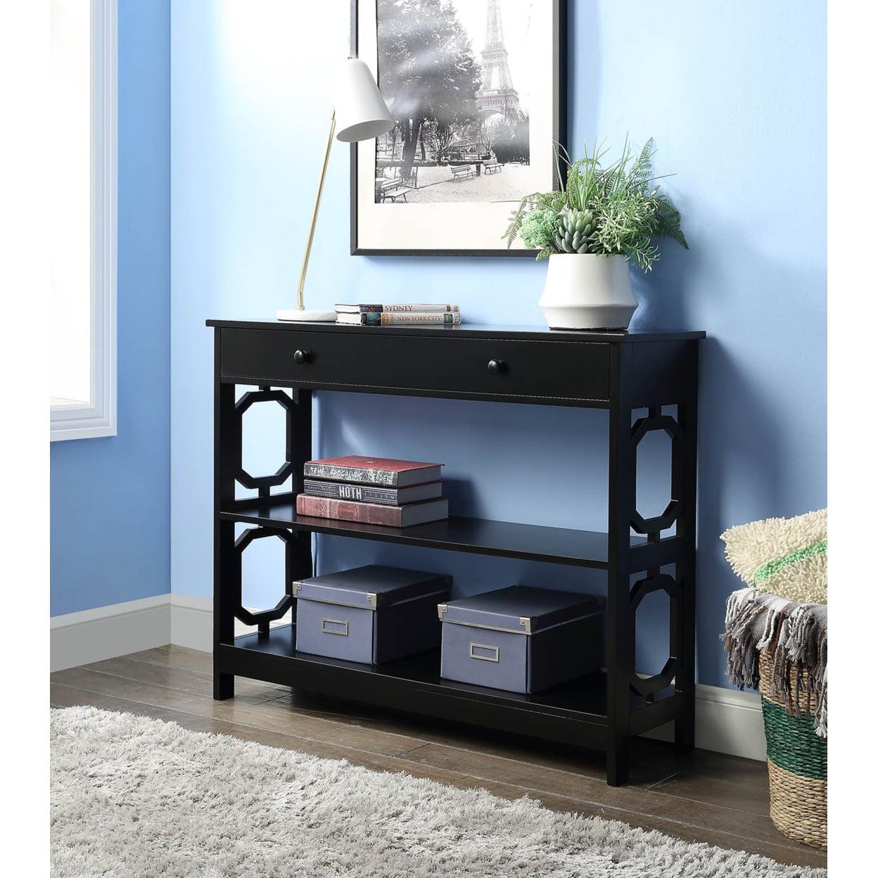 Omega Black Wood Console Table with Storage and Geometric Design