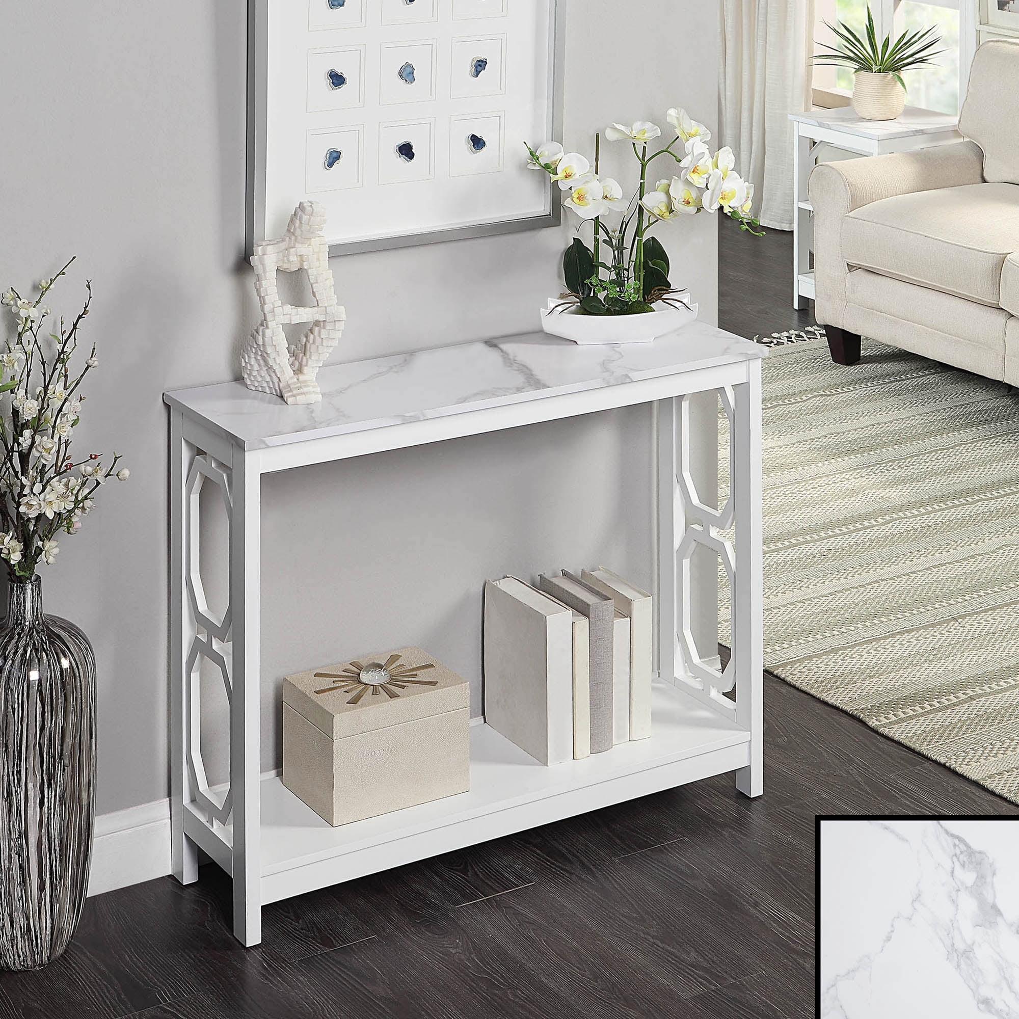 Convenience Concepts Omega Console Table with Shelf, White Faux Marble/White