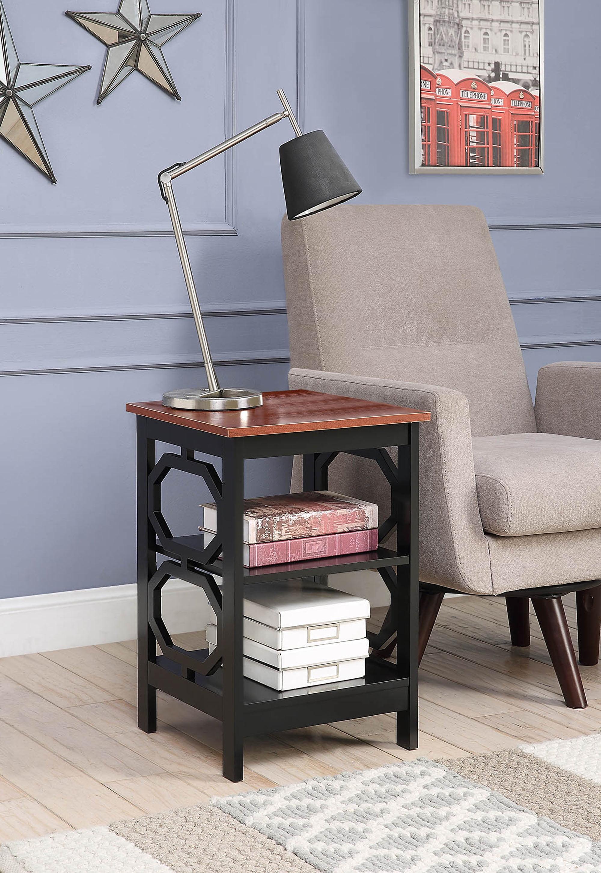 Round Cherry & Black Wood Omega End Table with Shelves