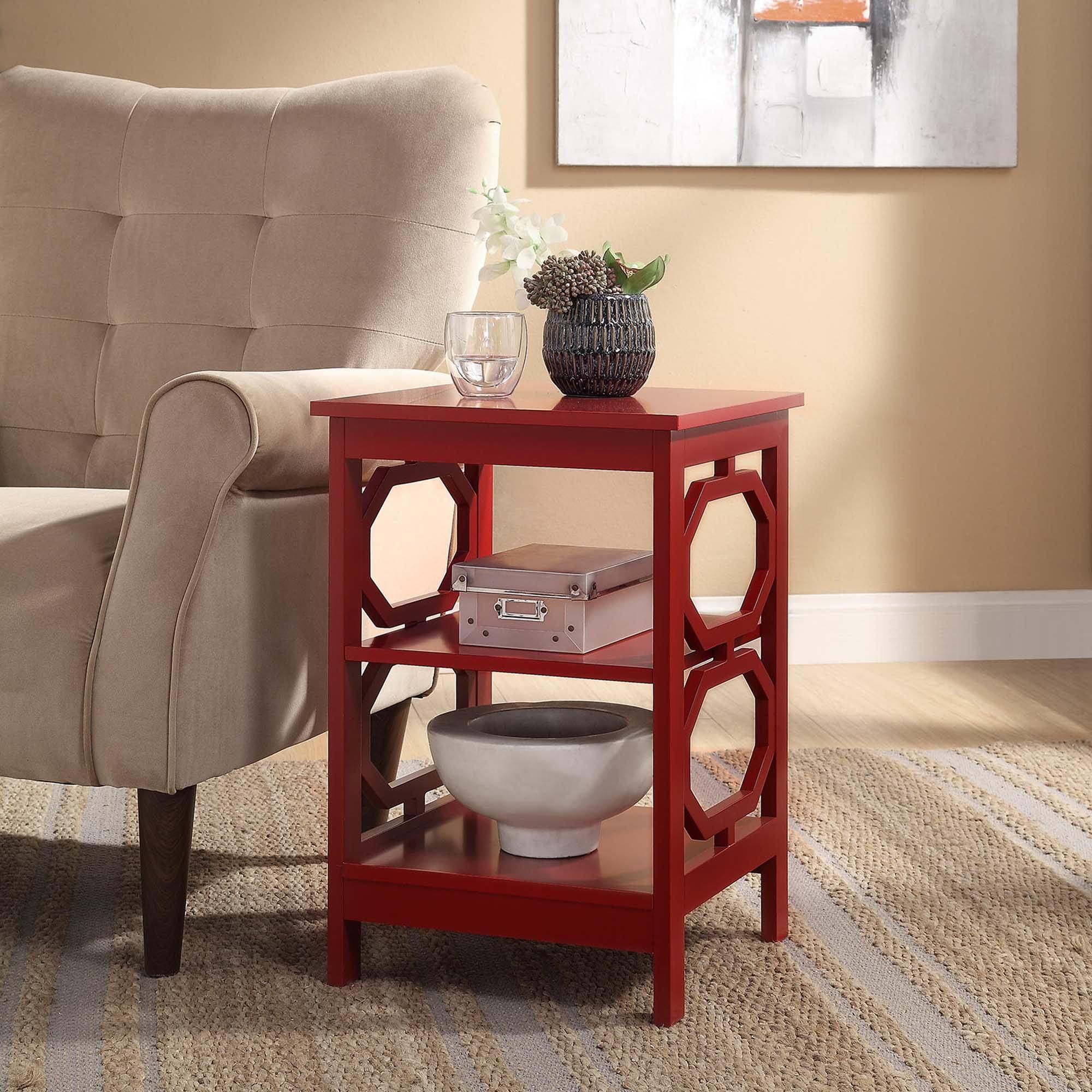 Cranberry Red Round Omega End Table with Geometric Shelf Design