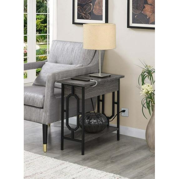 24 in. Omega Flip Top End Table with Charging Station, Weathered Gray Wood & Black