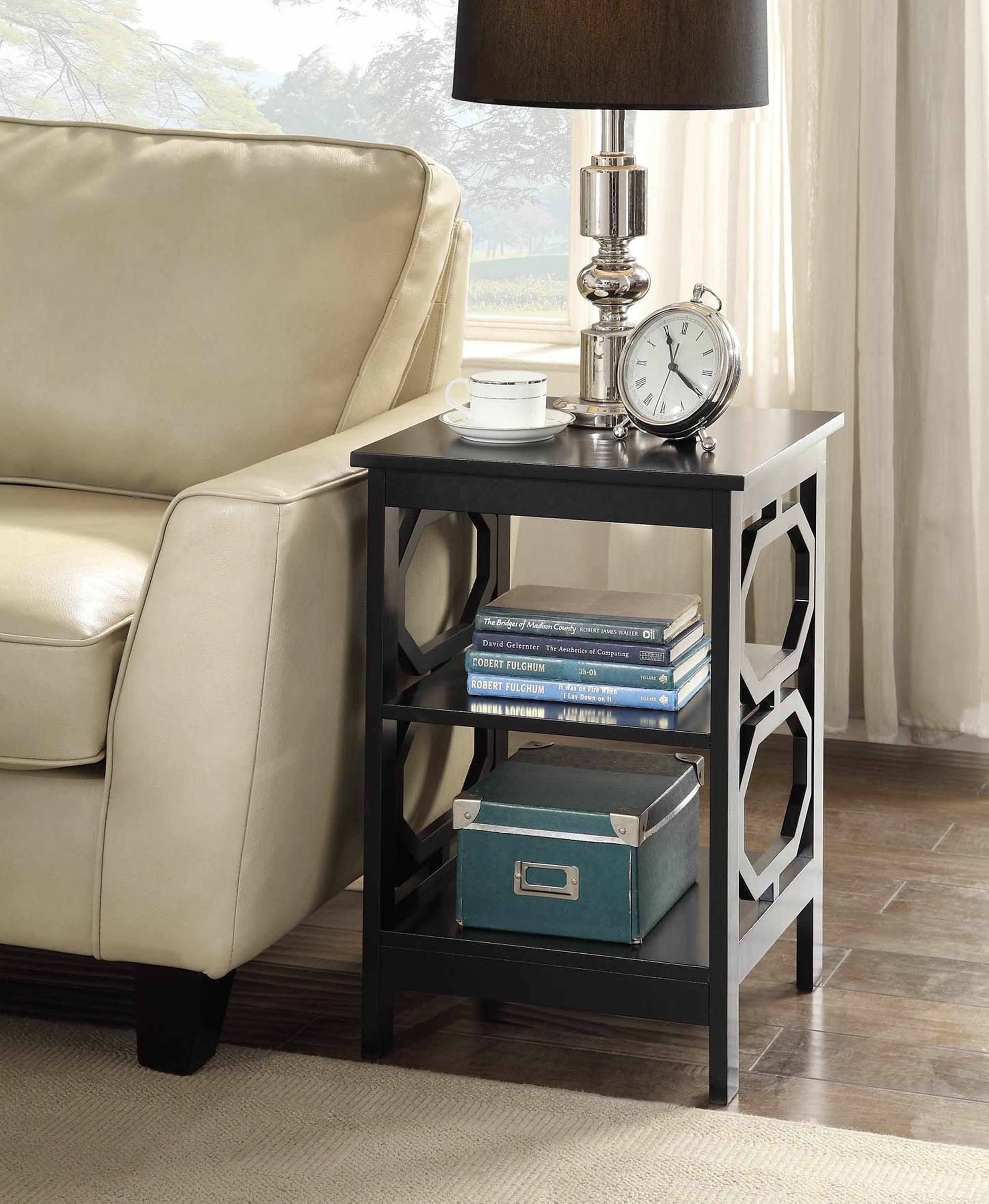 Omega Black Wood Round End Table with Geometric Shelves