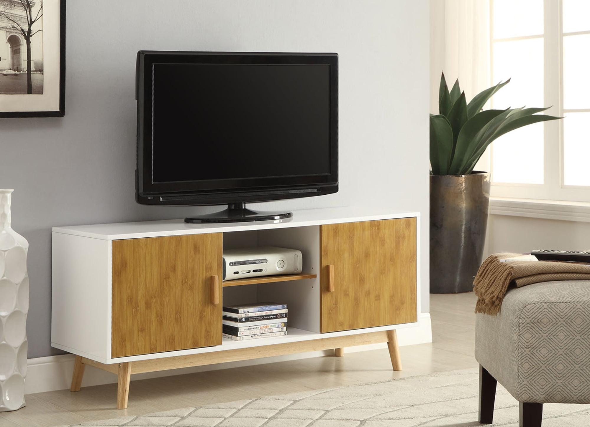 White and Natural Bamboo Media Console with Storage Cabinets