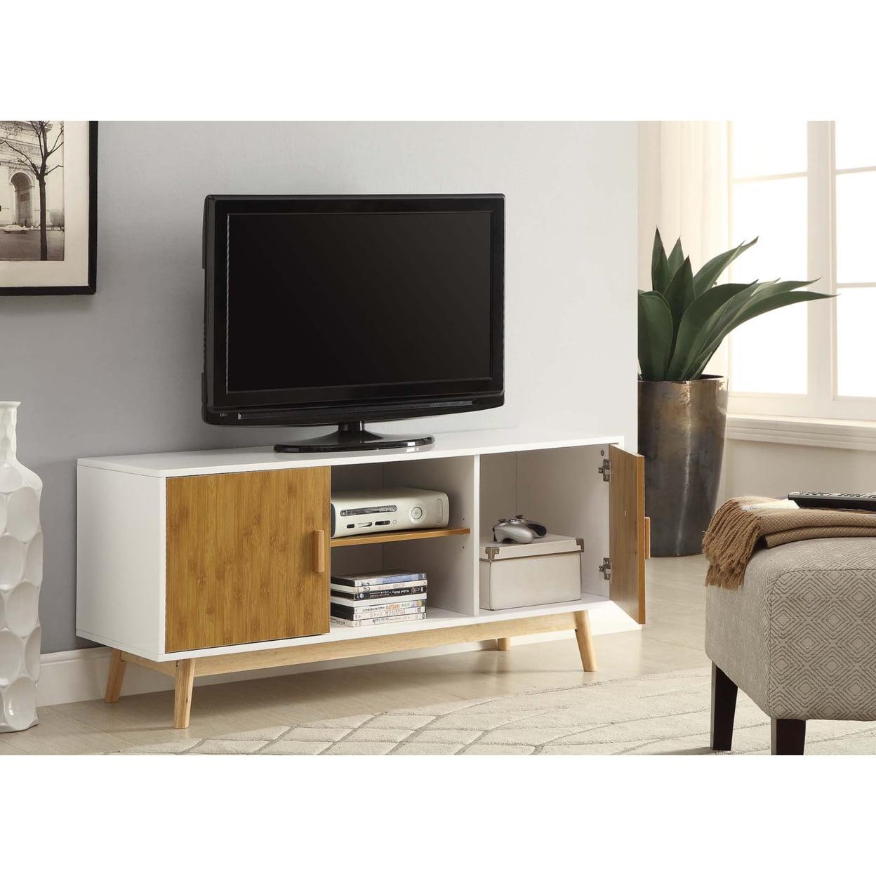 White and Natural Bamboo Media Console with Storage Cabinets