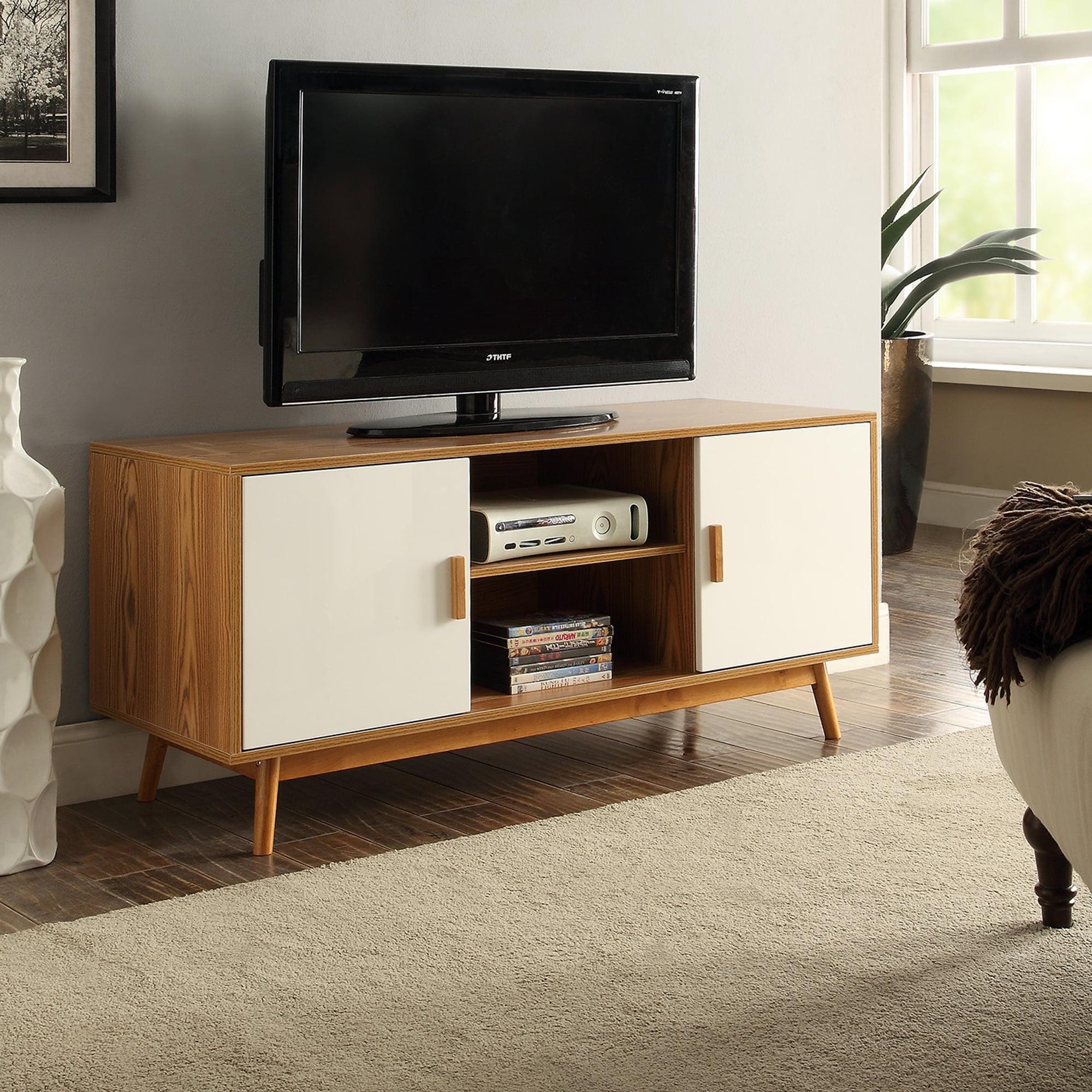 White and Woodgrain Mid-Century Modern TV Stand