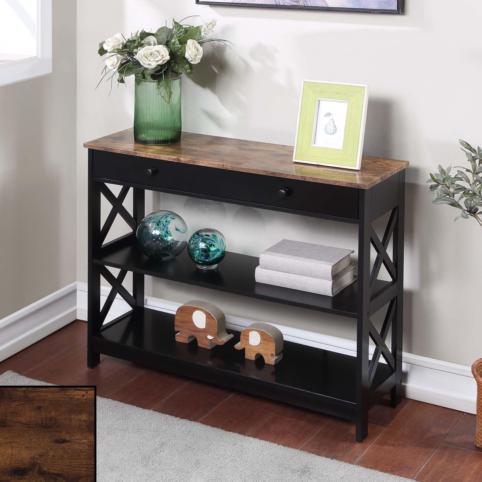 Convenience Concepts Oxford 1 Drawer Console Table with Shelves, Barnwood & Black