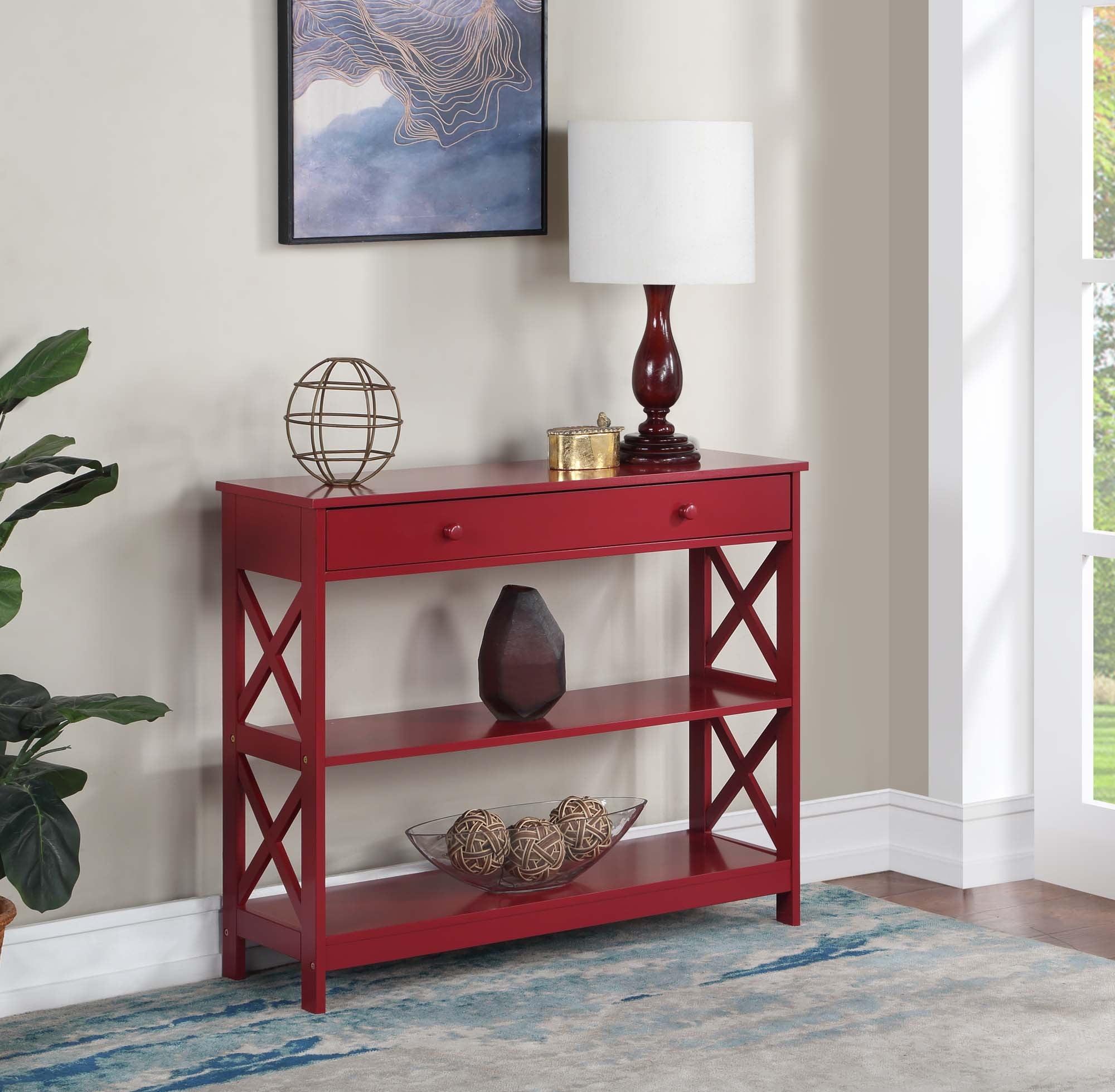 Oxford One-Drawer Console Table with Shelves in Cranberry Red Wood Finish