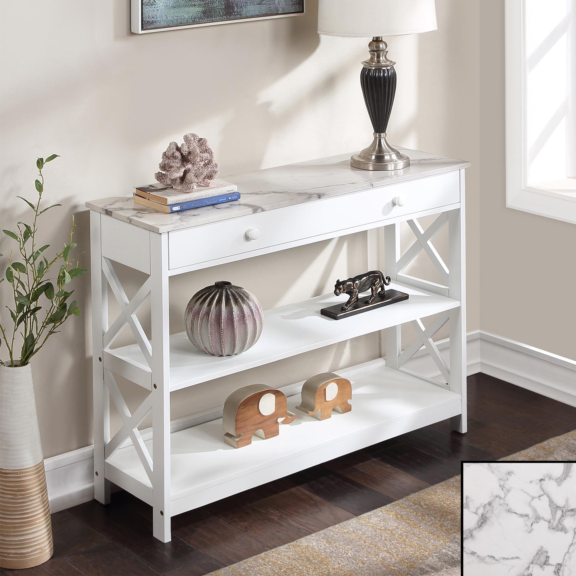 Convenience Concepts Oxford 1 Drawer Console Table with Shelves, White Faux Marble & White