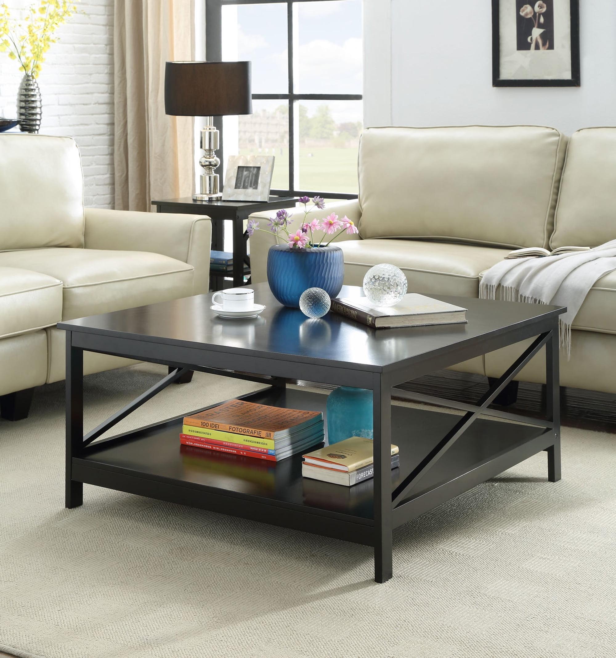 Black Square Wood Coffee Table with Shelf, 36 Inch