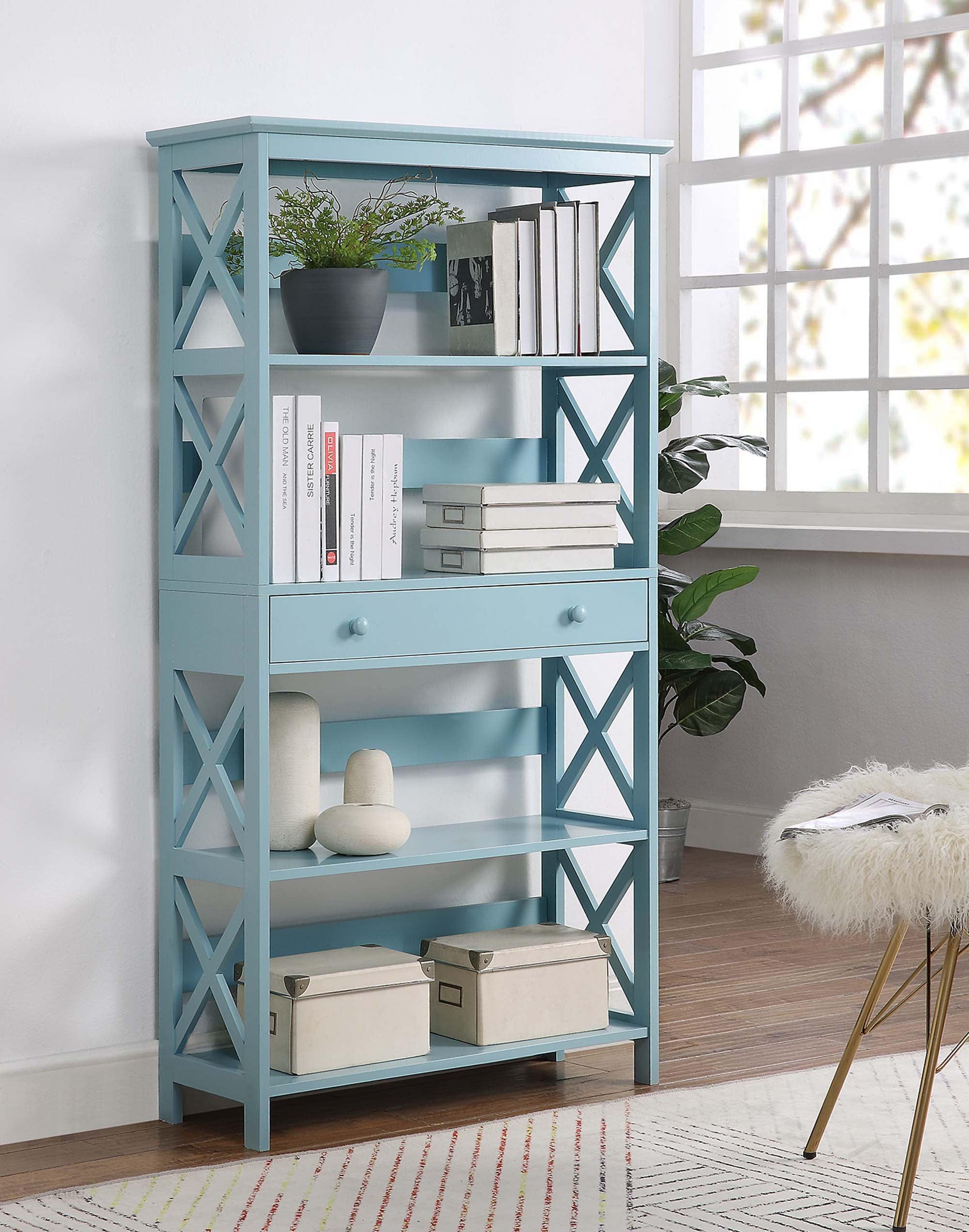 Sea Foam Blue 5-Tier Wooden Bookcase with Concealed Drawer