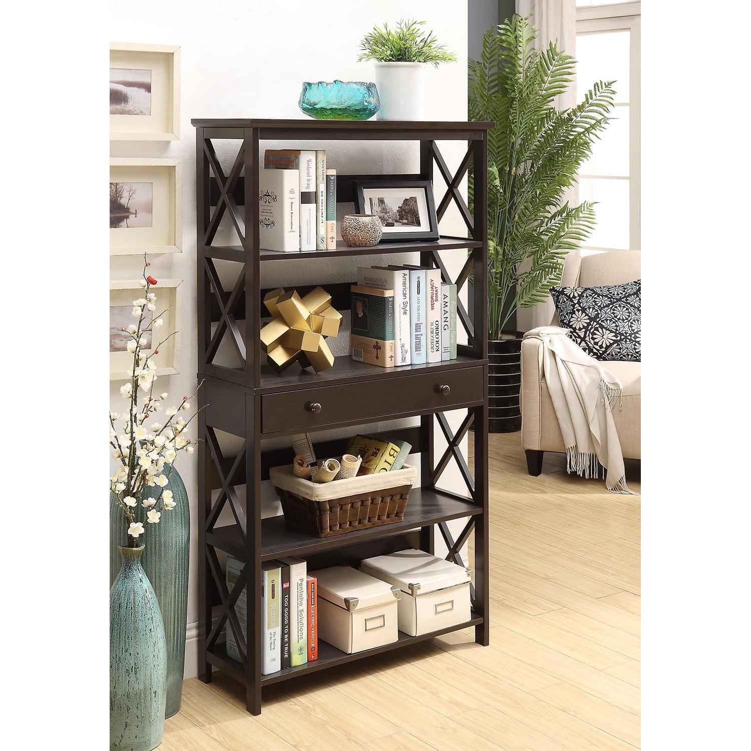 Oxford Espresso 5-Tier Wood Bookcase with Concealed Drawer