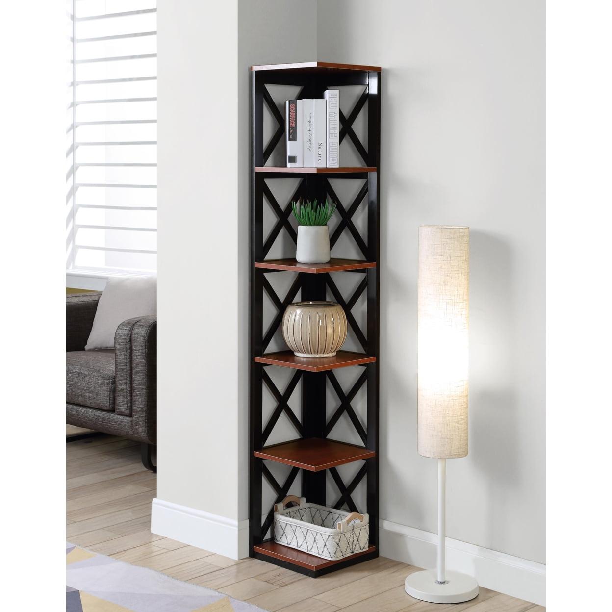 Elegant Oxford Cherry & Black Corner Bookcase with 5 Tiers