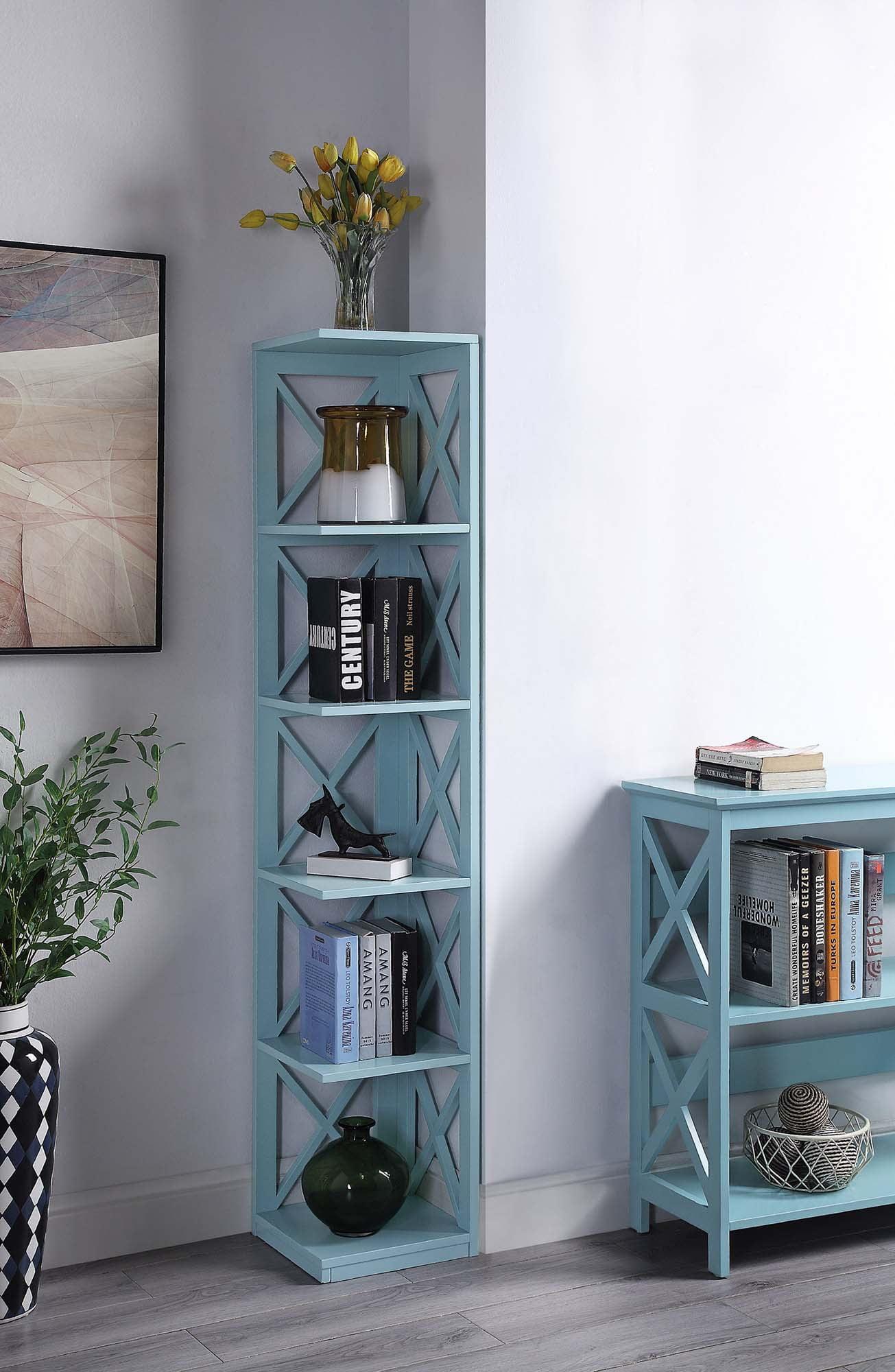 Sea Foam Blue 5-Tier Corner Bookcase with Crossed Design