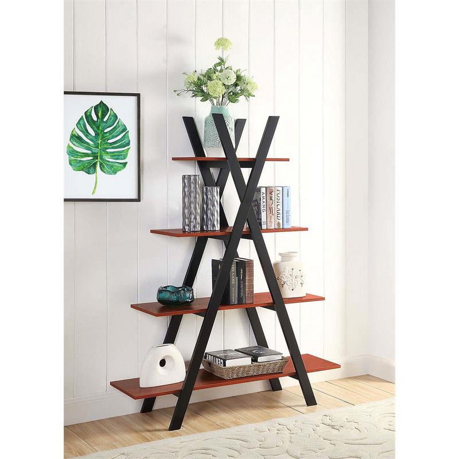 Cherry and Black Wood A-Frame Ladder Bookshelf