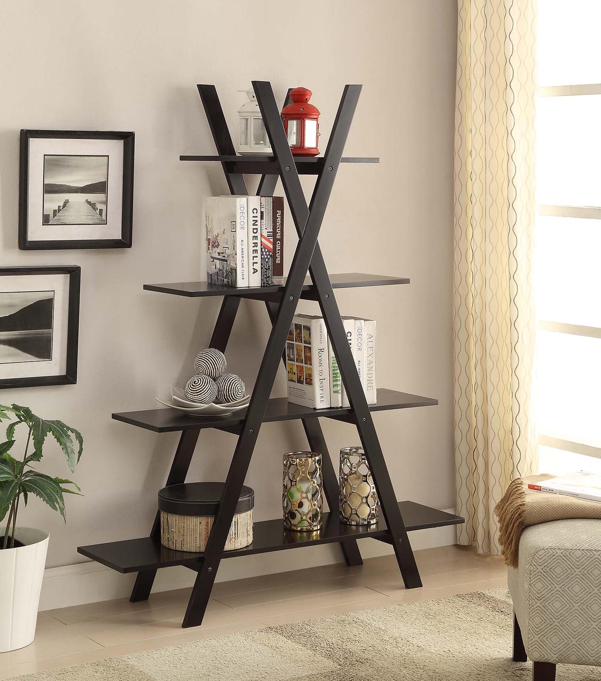 Contemporary Black Wood Ladder Bookshelf with 4 Tiers