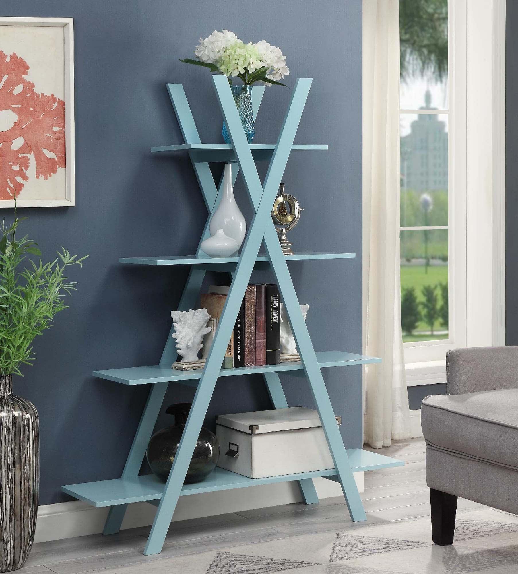 Contemporary White Wood Ladder Bookcase with 4 Open Tiers