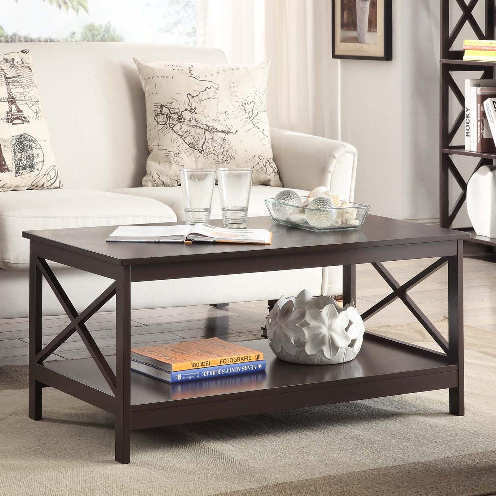 Espresso Rectangular Wood Coffee Table with Shelf