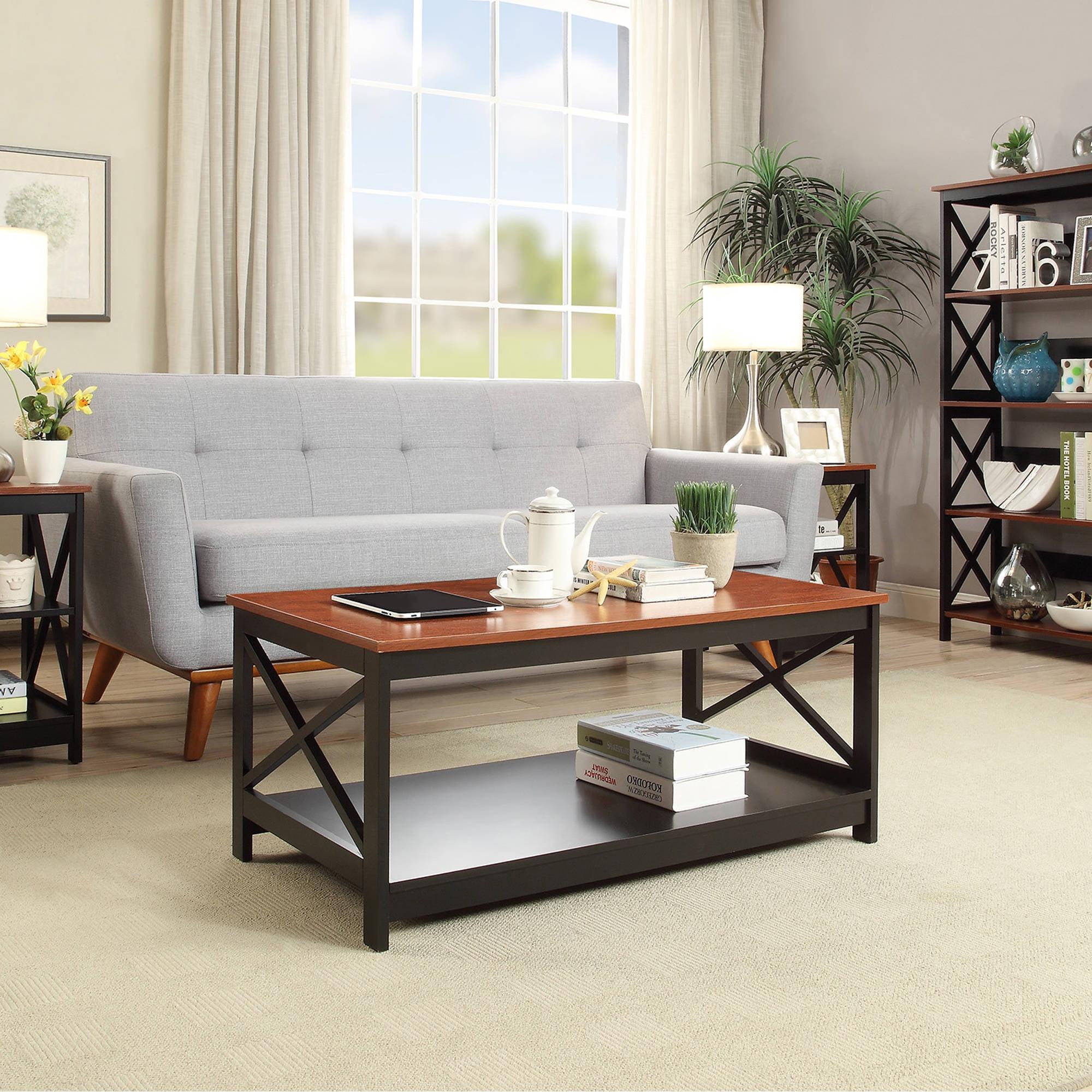 Cherry and Black Rectangular Wood Coffee Table with Shelf