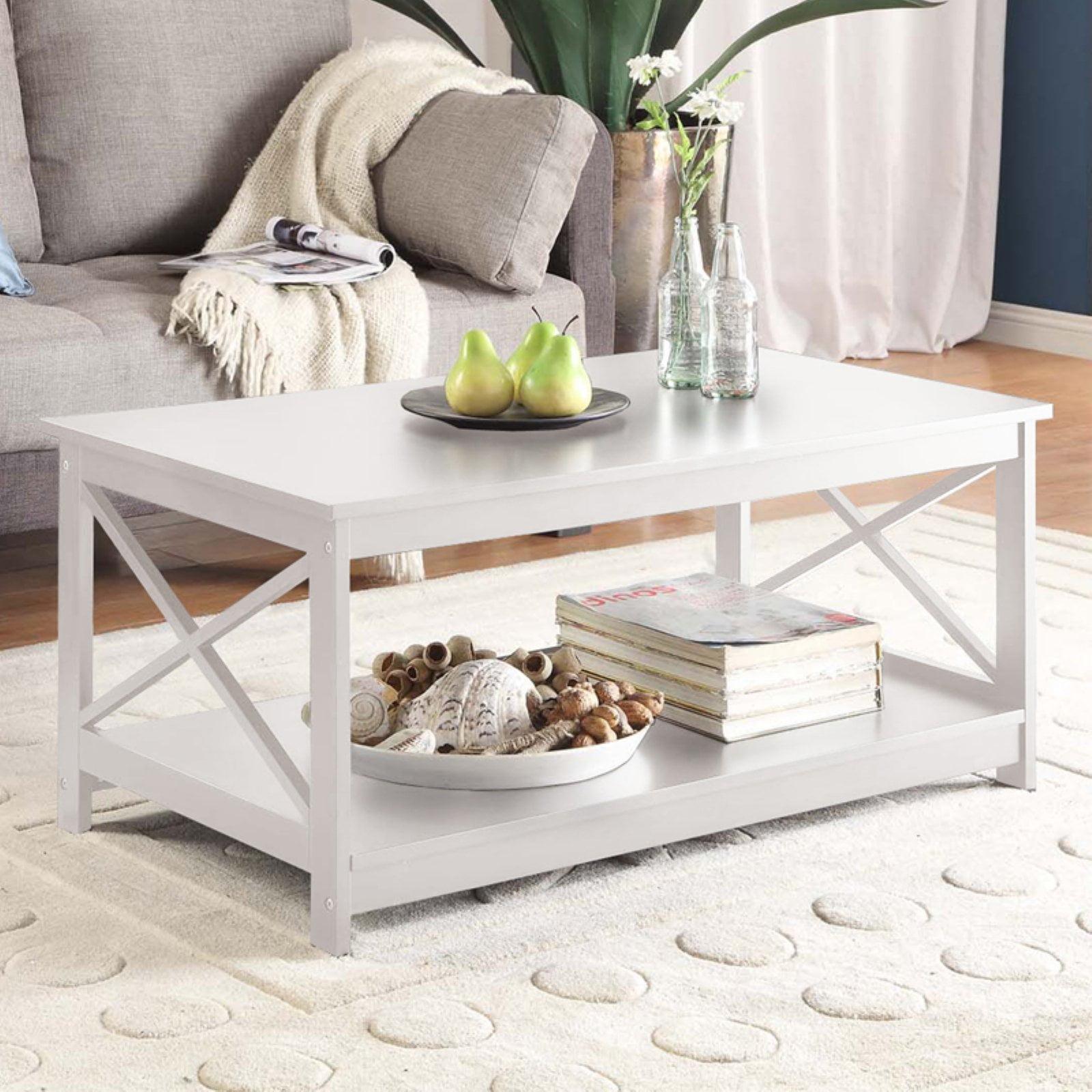 White Rectangular Wood Coffee Table with Shelf