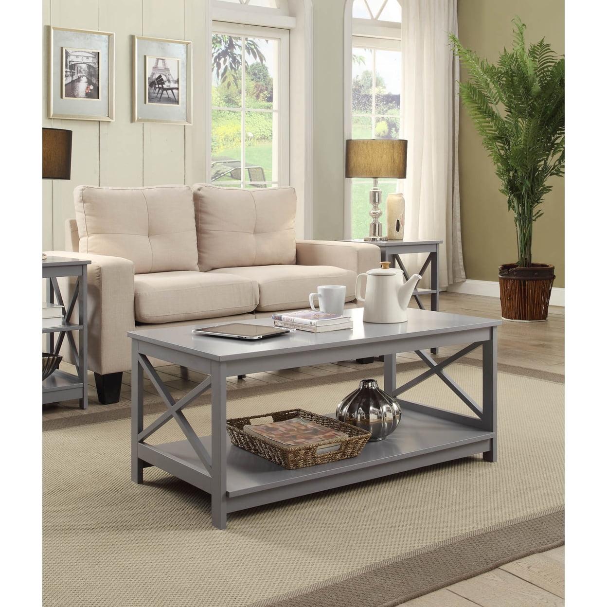 Coastal Farmhouse Gray Rectangular Wood Coffee Table with Shelf