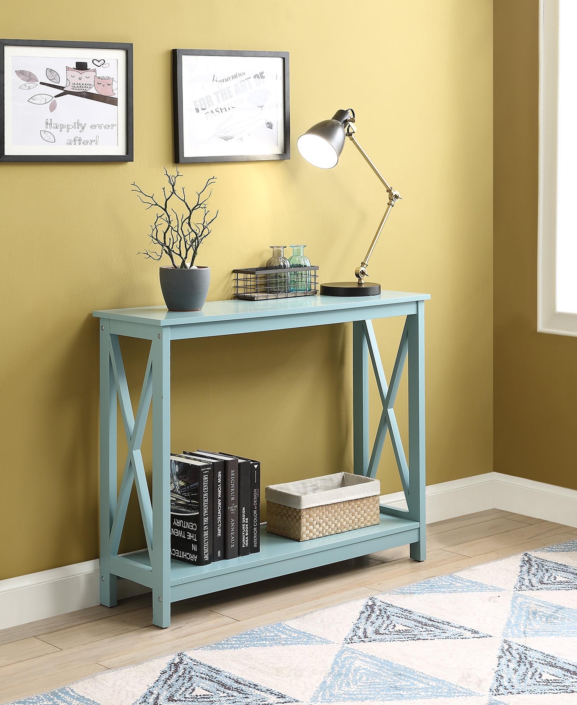 Sea Foam Blue Wood Console Table with Storage Shelf