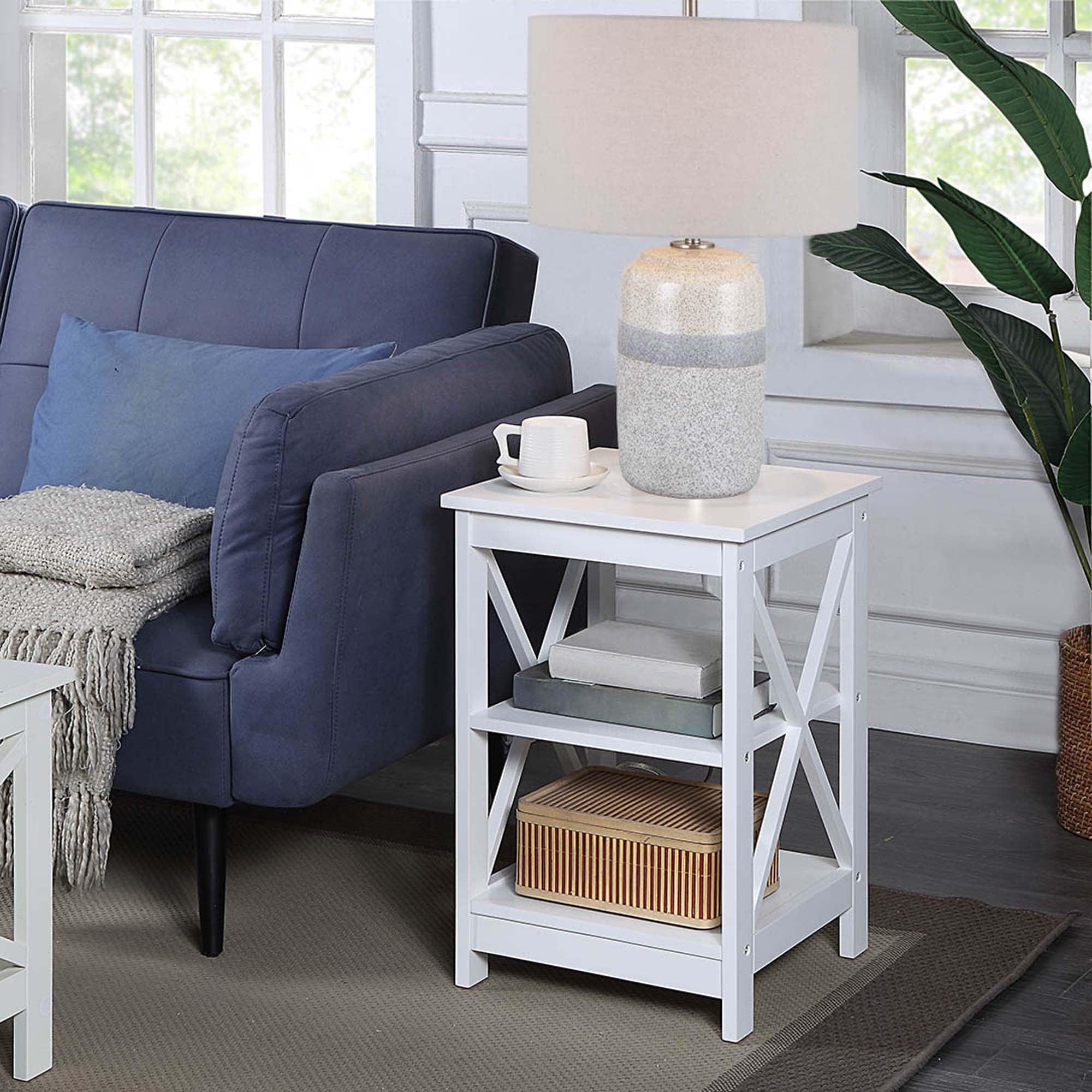 Coastal Farmhouse Chic White Square Wood End Table with Shelves