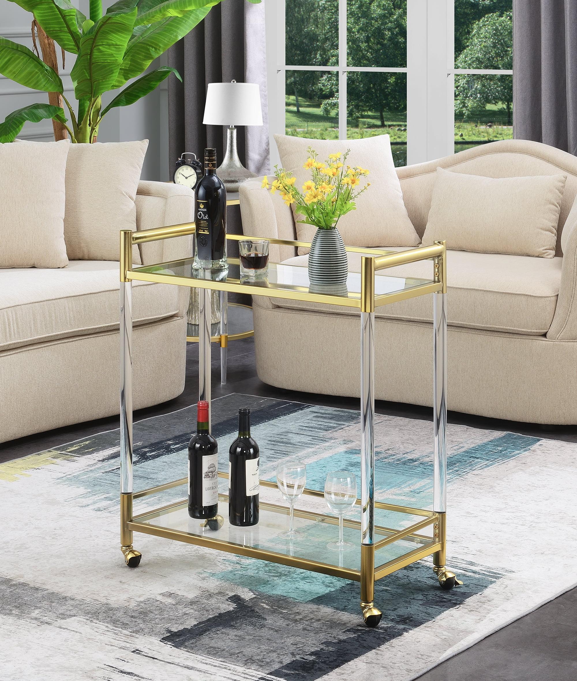 Gold Acrylic and Glass 2-Tier Rectangular Bar Cart with Storage
