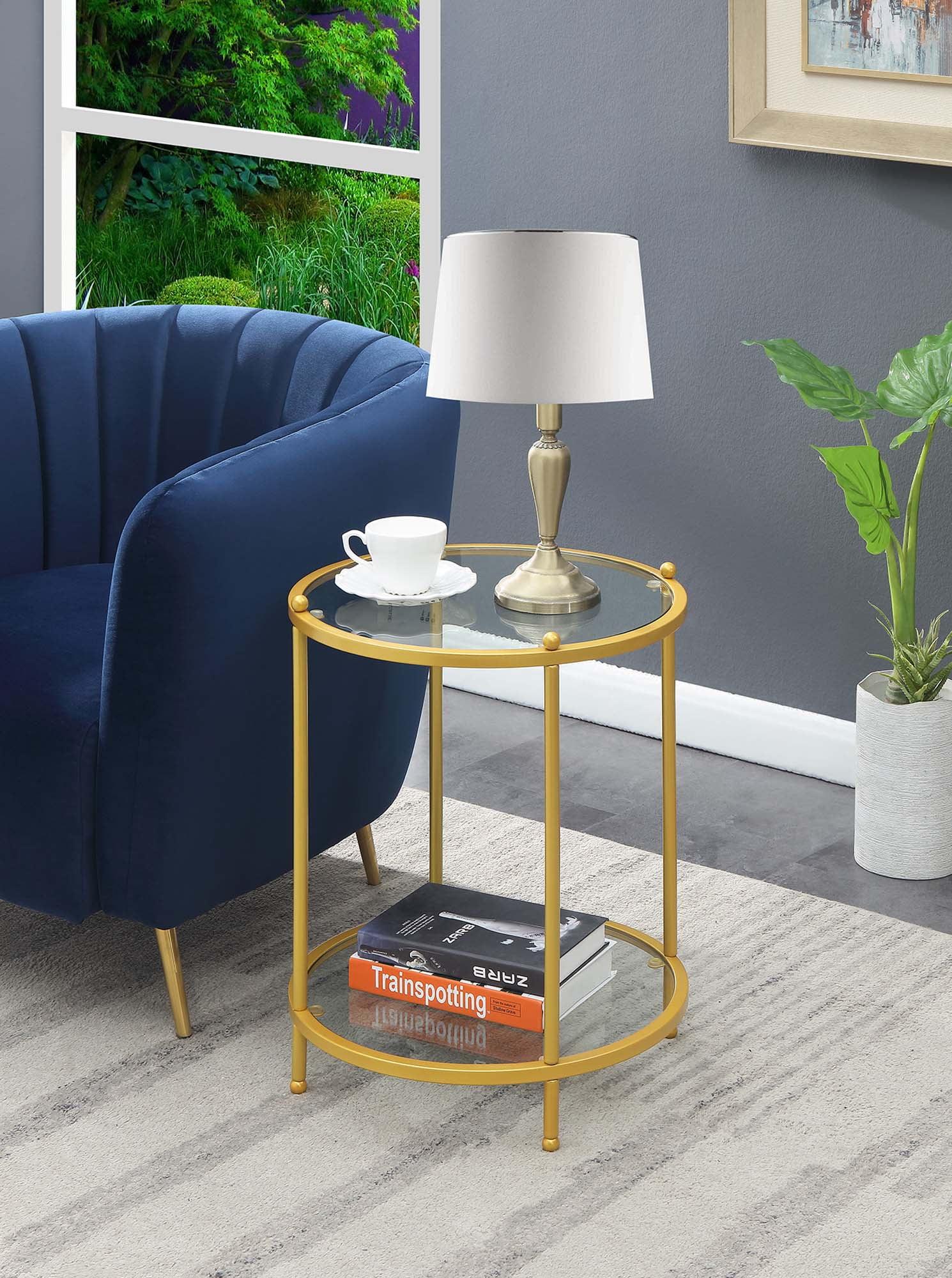 Gold and Clear Glass Round End Table with Shelf